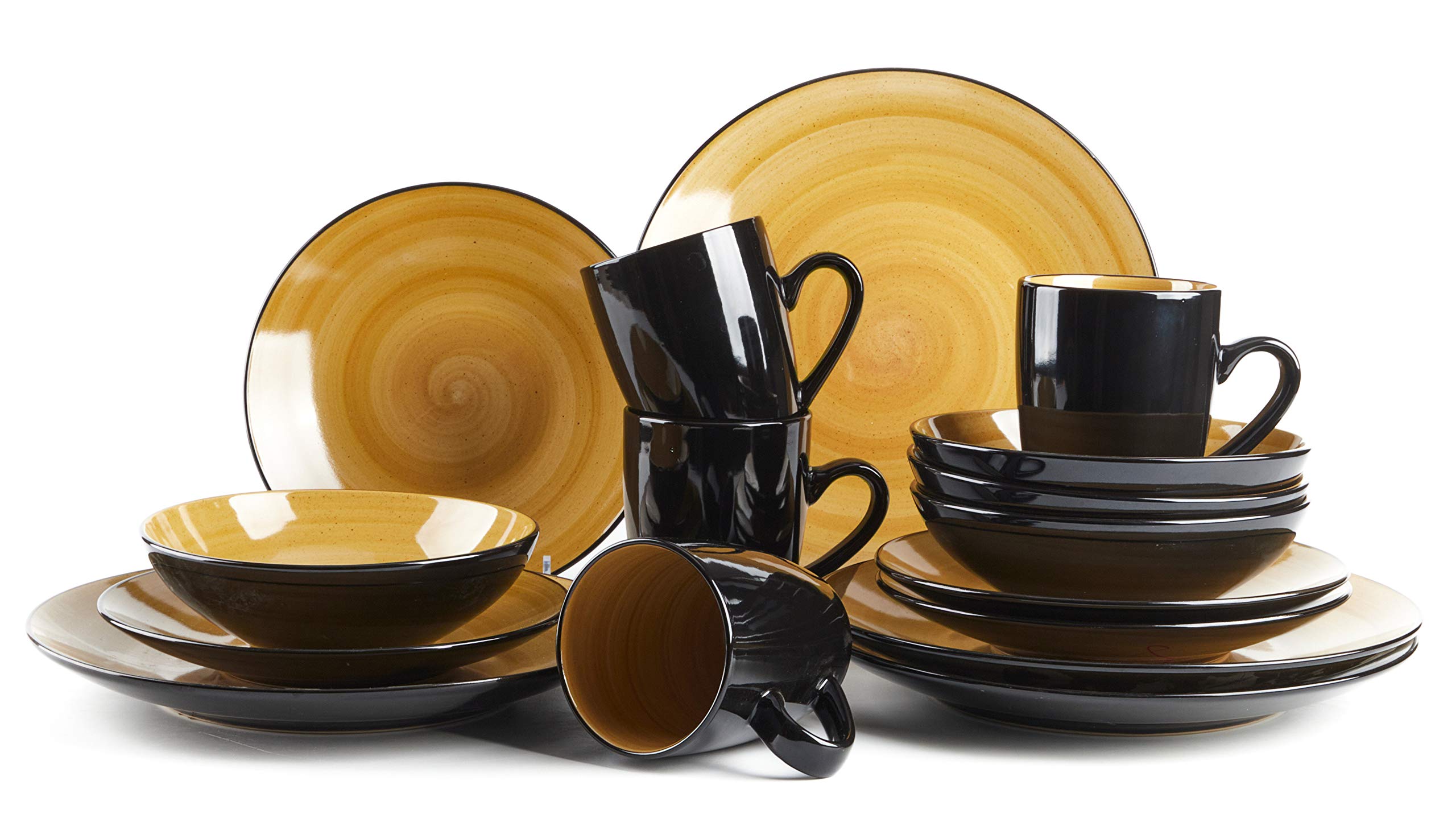 HomeVss Sonoma 16 Piece Stoneware Dinner Set, Outside Black + Inside Handpainted Color Yellow with speckle