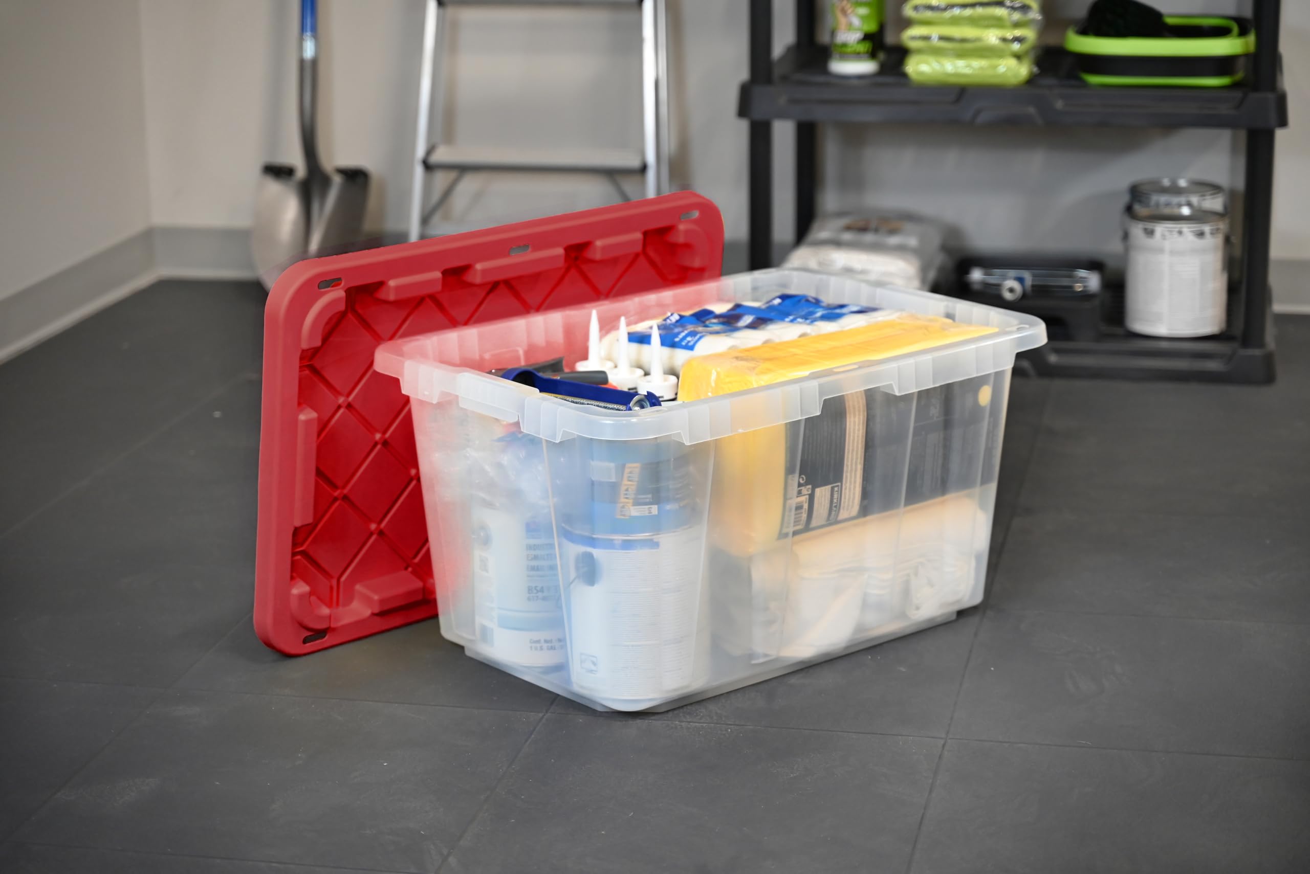 Cx Black & Yellow, Xtra Tall 27-Gallon Heavy Duty Clear Storage Container & Snap-Tight Lid, Clear & Red (28.5   L X 19.4   W X 1