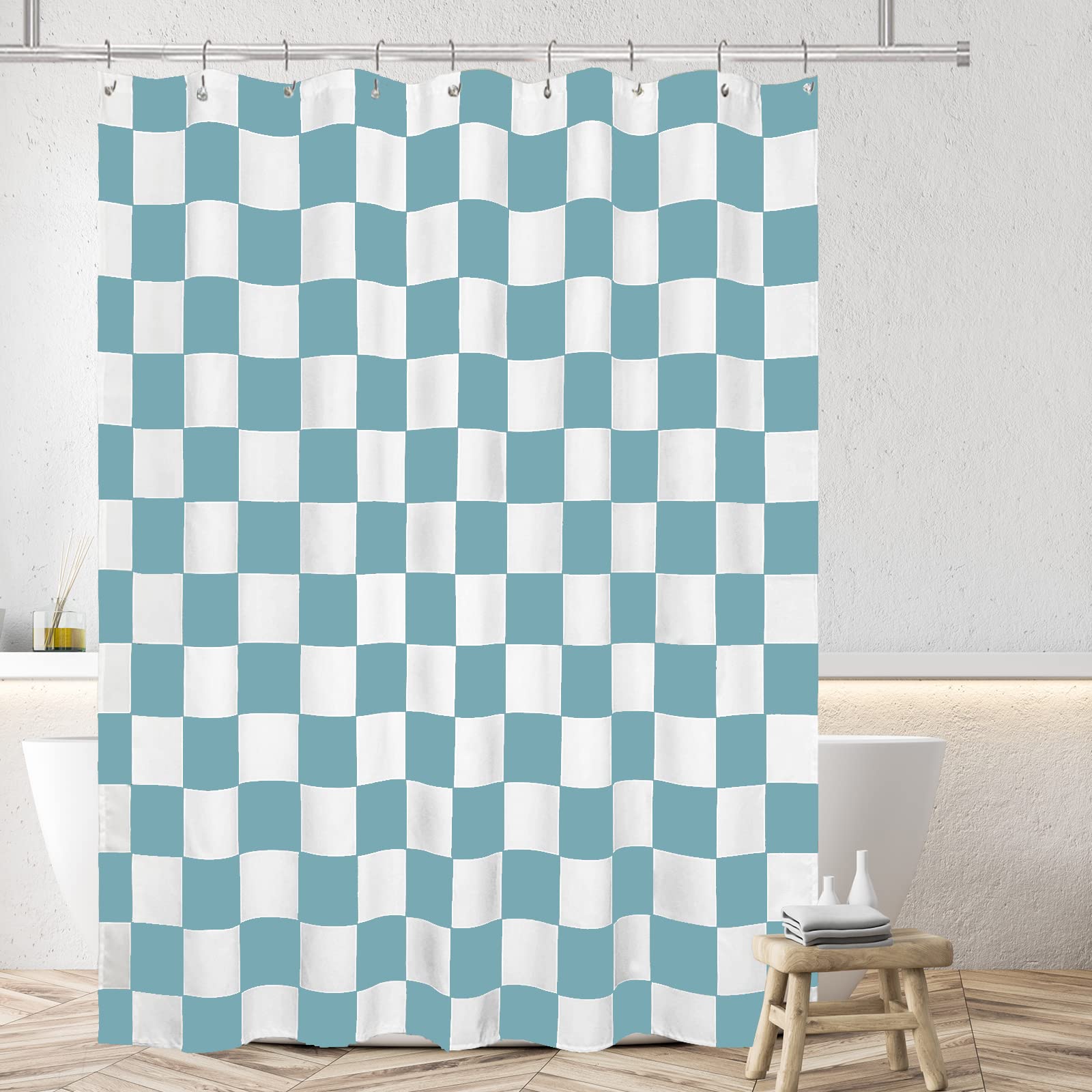 Tititex Aesthetic Checkerboard Grid Pattern Shower Curtain, White Sky Blue Modern Shower Curtain Sets Decoration 71X71 Inch With