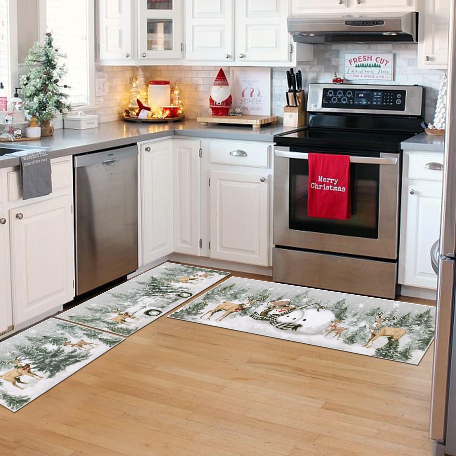 U Artlines Christmas Kitchen Rug and Mat Set of 3, Non Skid Xmas Tree Snowman Deer Kitchen Mats for Home Decor, Washable Runner