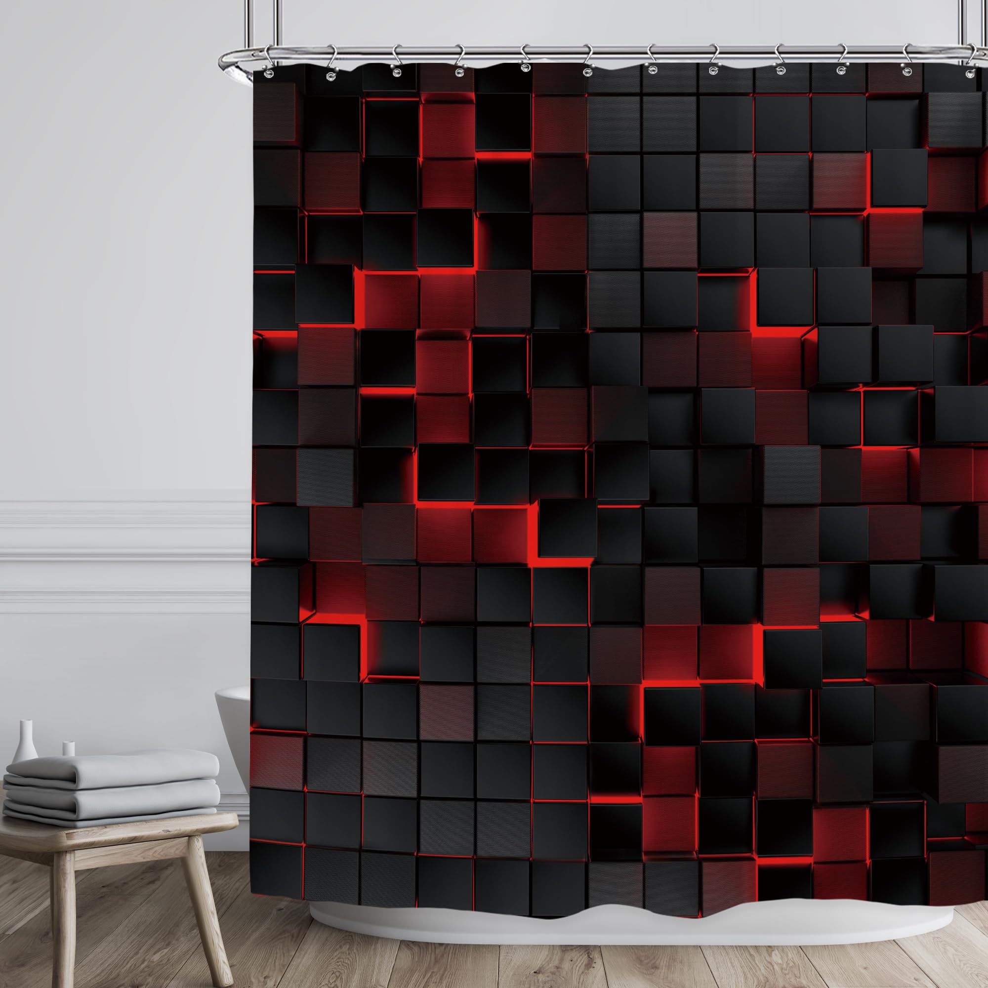 Riyidecor Black Red Shower Curtain 60Wx72H Inch Abstract Wall Brick Modern 3D Gradient Design Futuristic Cubes Geometric Plaid M