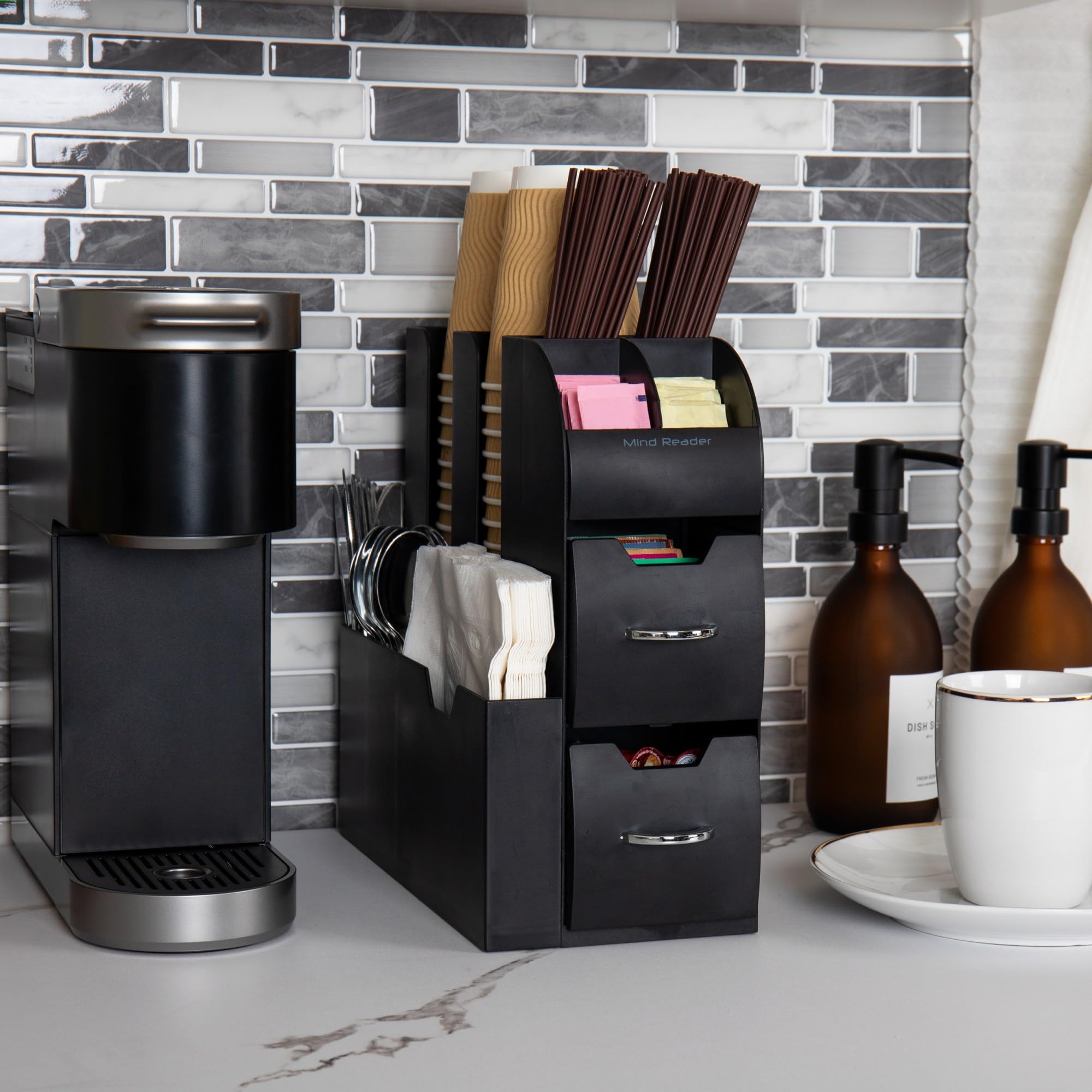 Mind Reader Cup And Condiment Station, Set Of 2, Countertop Organizer, Coffee Bar, Kitchen, 5.35'' L X 11.25'' W X 11.15'' H, Bl