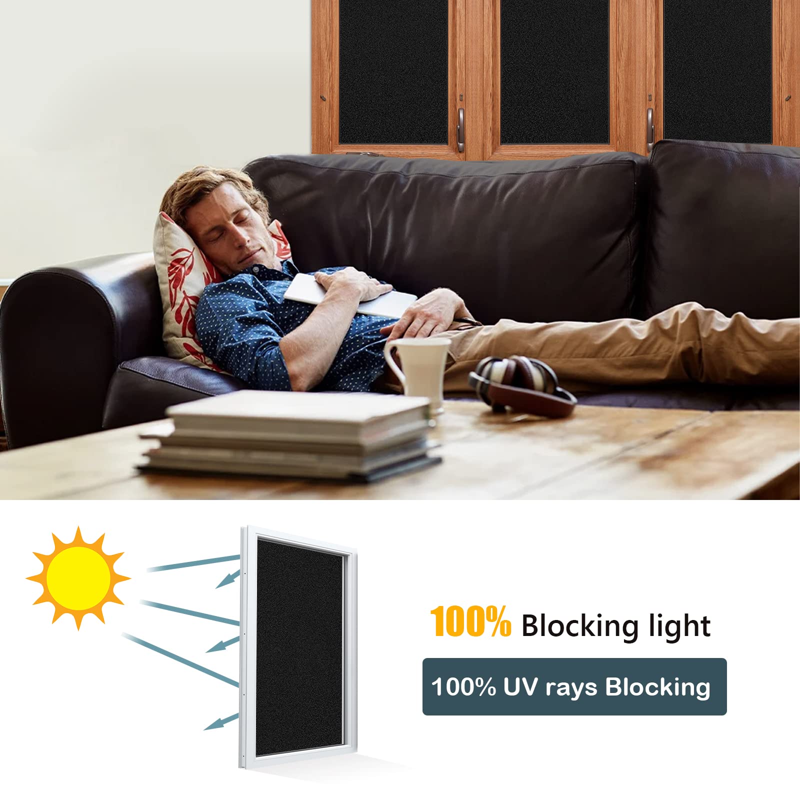 Total Blackout Window Privacy Film Day and Night 100% Light Blocking Static cling Room Darkening Window Tint Black Door Stickers for Home Office  No glue Anti-UV (Frosted-Black  175 Inch x 78 Feet)
