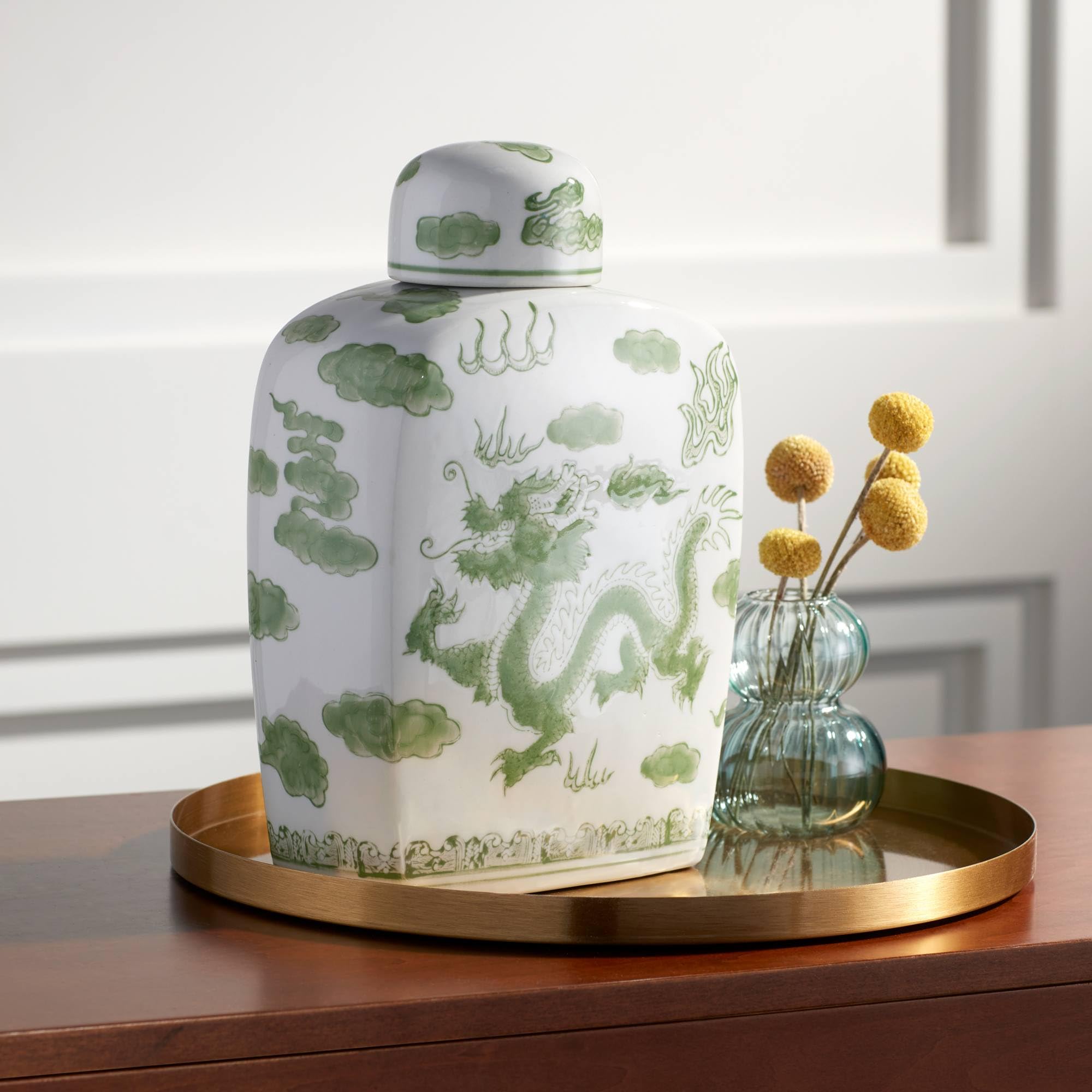Sansui 10 1/2H Green and White Ceramic Ginger Jar with Lid - Dahlia Studios