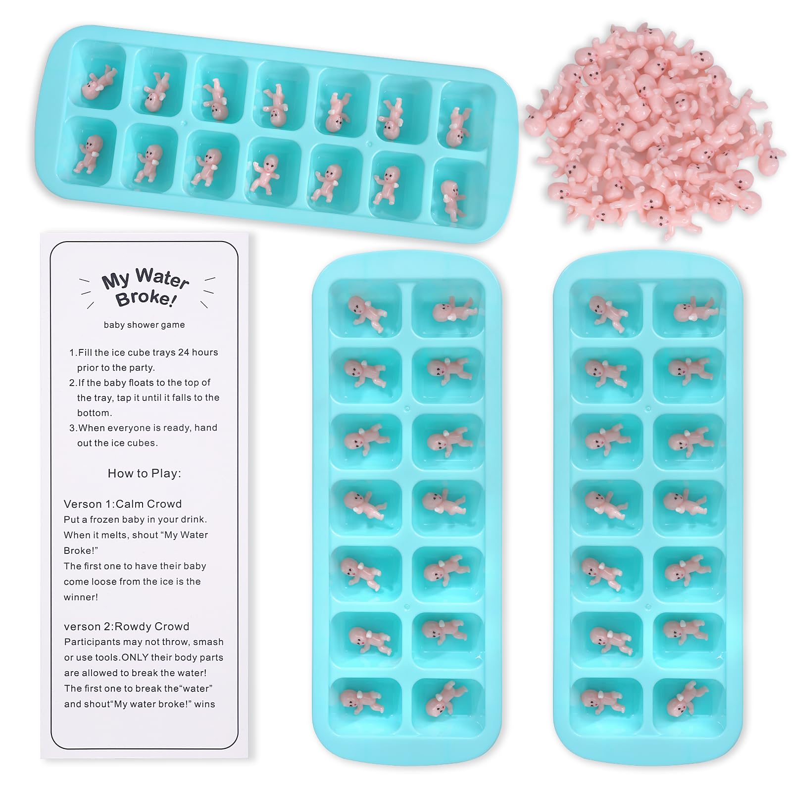 My Water Broke Baby Shower Game With 80 Mini Plastic Babies, 3 Ice Cube Trays And 1 Sign, Used For Ice Baby Shower Games, Green