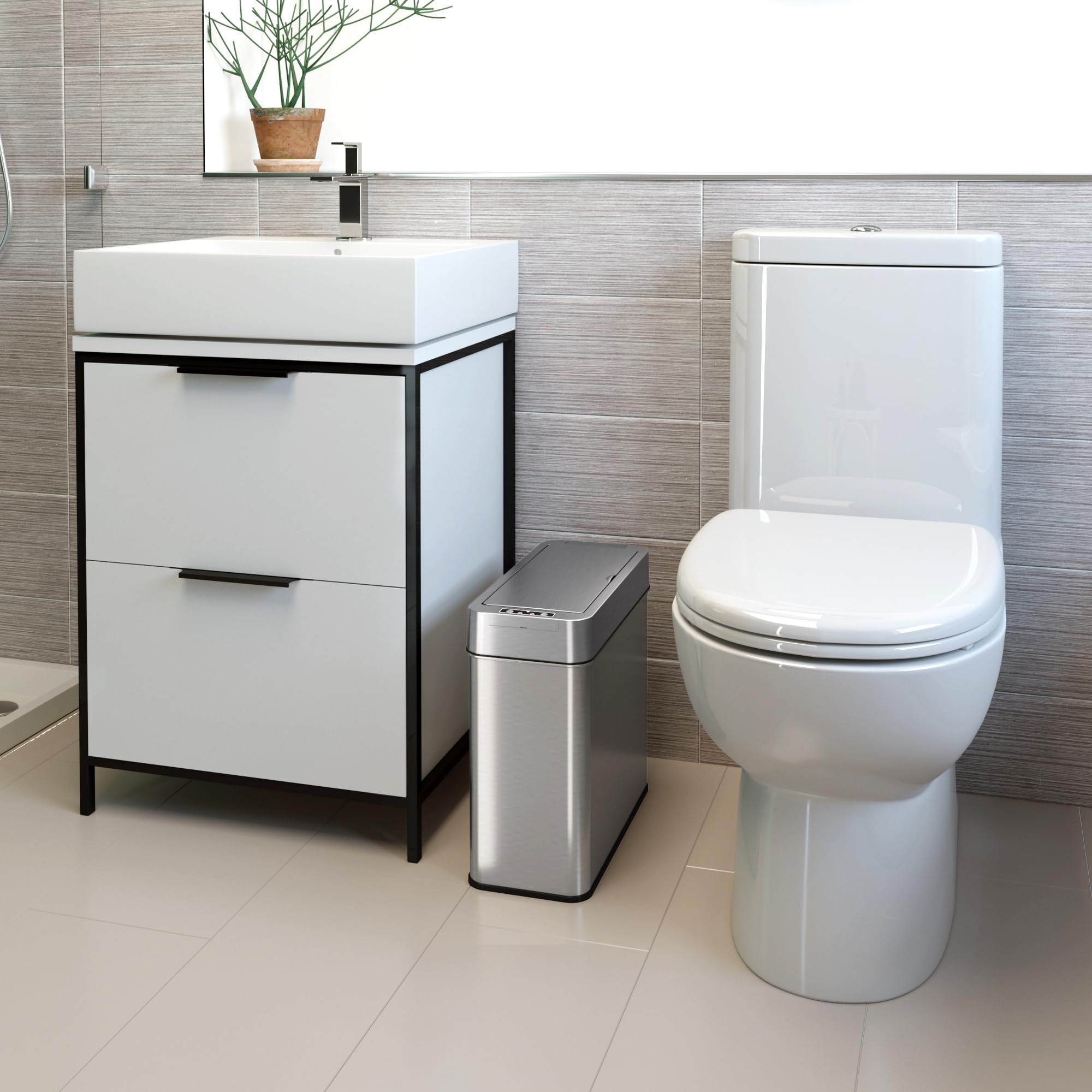 Itouchless 4 Gallon Bathroom Trash Can With Lid And Odor Filter, Lid Opens Left, 15 Liter Stainless Steel Slim Automatic Small W