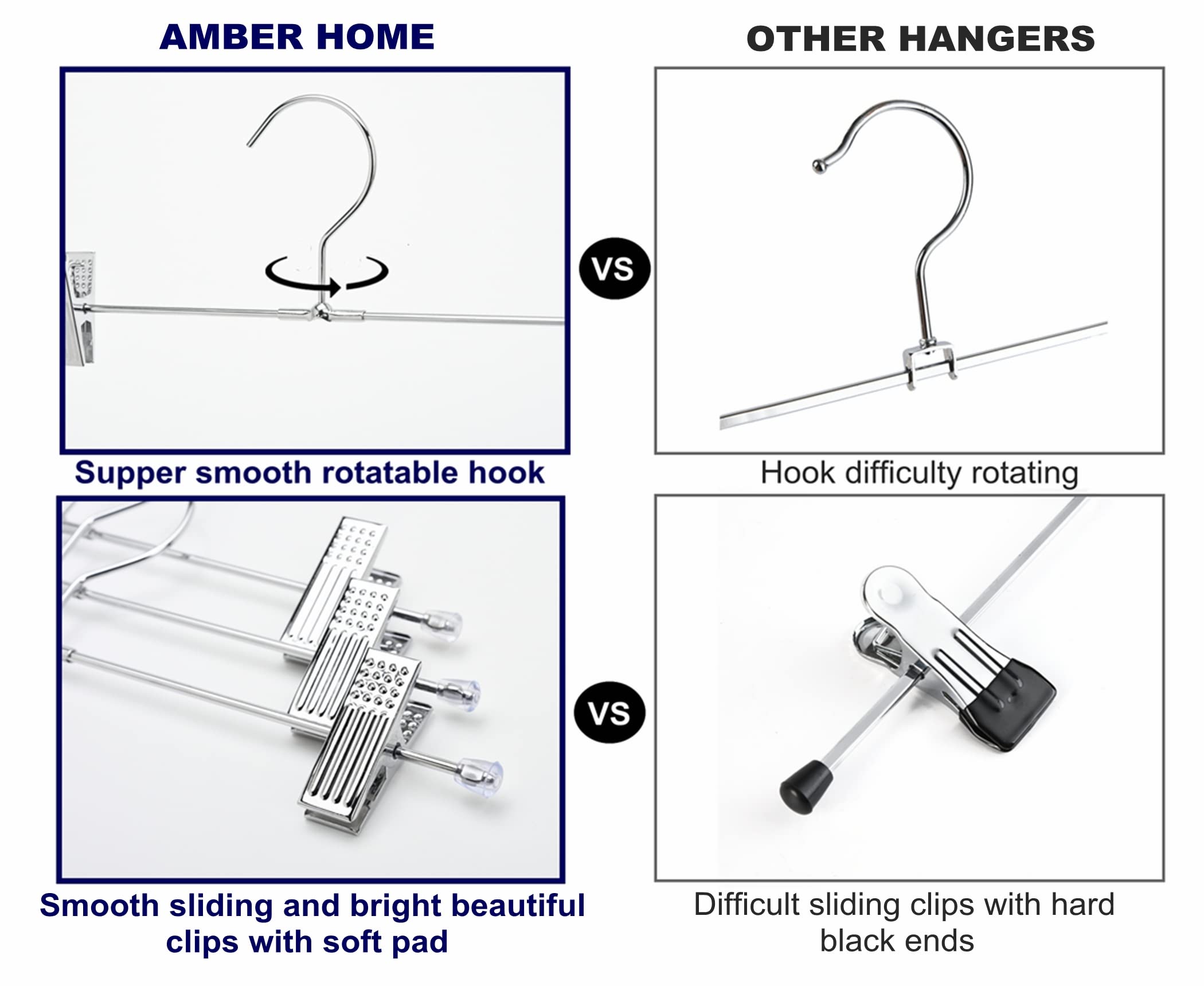 Amber Home 50 Pack Metal Pants Hangers With Clips, Heavy Duty Metal Skirt Hangers With 2-Adjustable Clips, Bottom Hangers For Sh