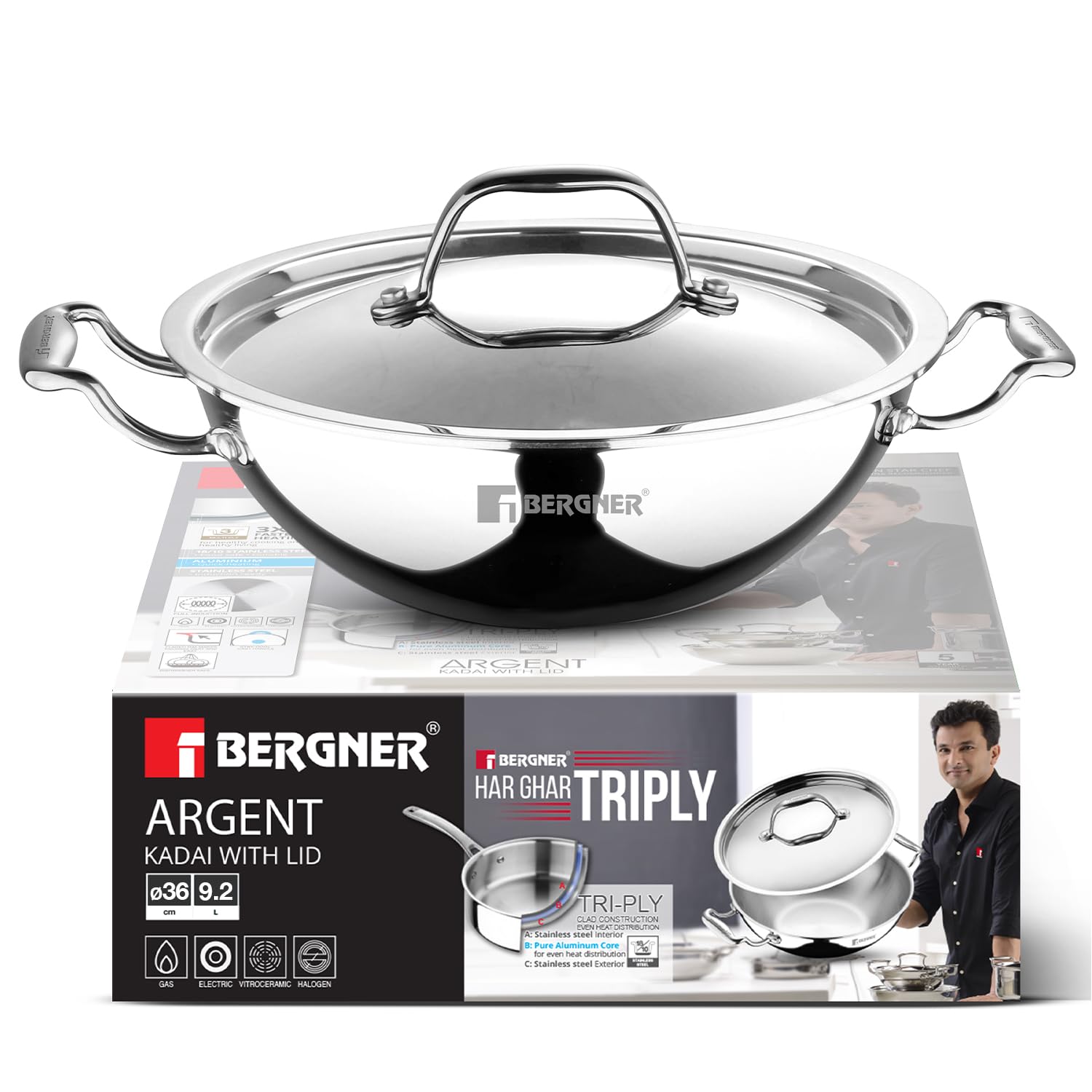 Bergner Argent Triply 36Cm Kadai With Stainless Steel Lid, 6.1 Liters Large Kadhai, Even And Faster Heating, Consumes Less Oil, 