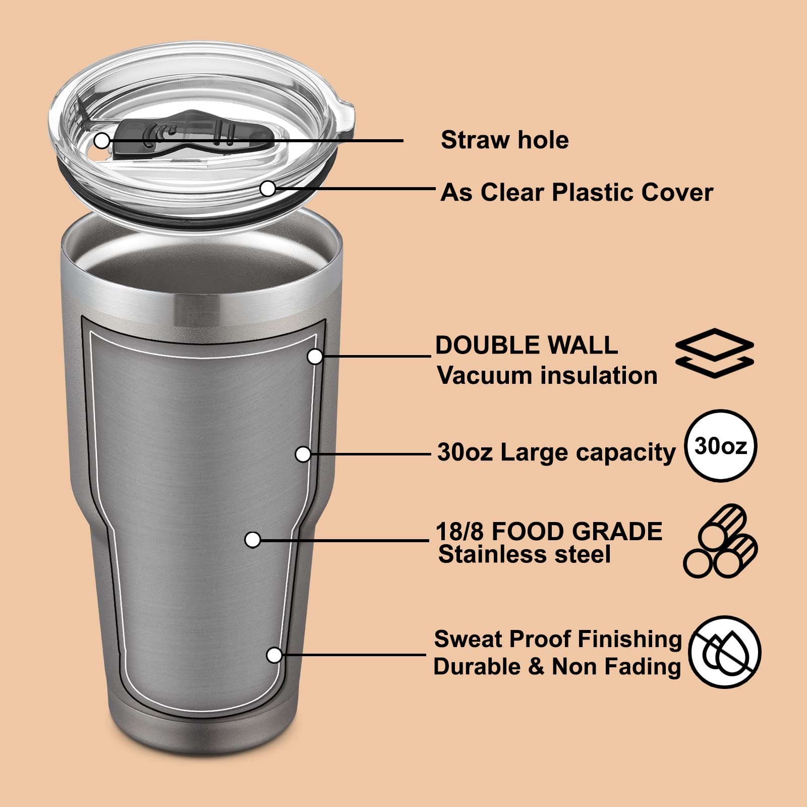 COMOOO 30oz Stainless Steel Tumbler with Lid Insulated Tumbler Coffee Cup Durable Double Wall Vacuum Travel Coffee Mug Thermal for Hot and Cold Drinks (Grey  1 Pack)