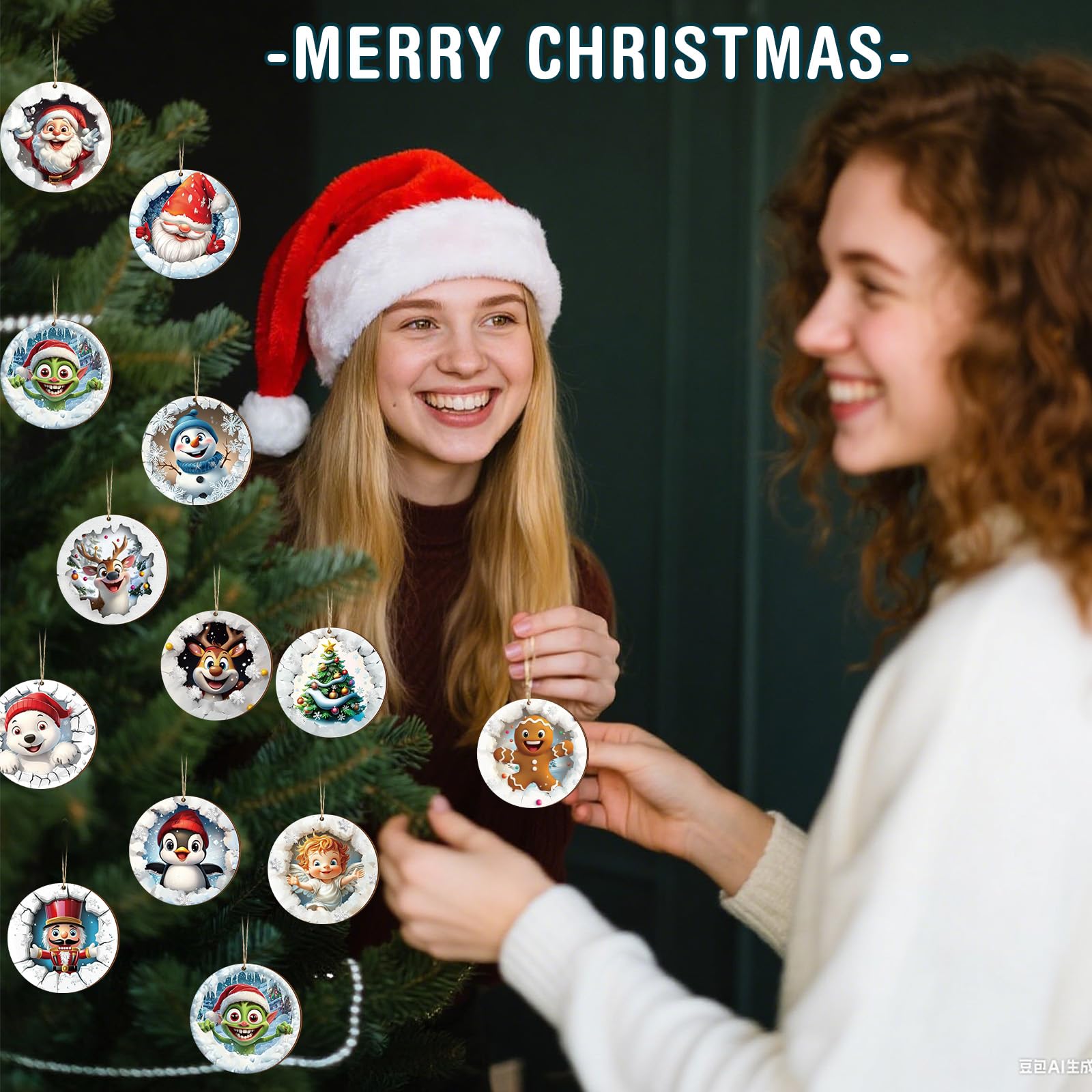 Suzile 36 Pcs Christmas Wooden Ornaments Christmas 3D Break Through Ornament Xmas Cute Animal Decorations for Tree Wreaths Xmas