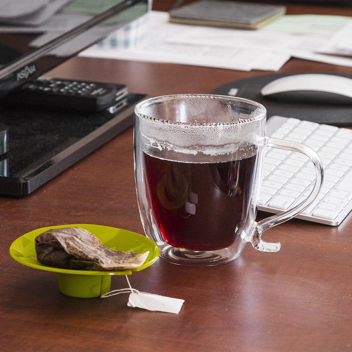 Primula Double Wall Glass Mug Set - 16 oz, Borosilicate Glass, Green Silicone Tea Bag Buddy, Dishwasher & Microwave Safe
