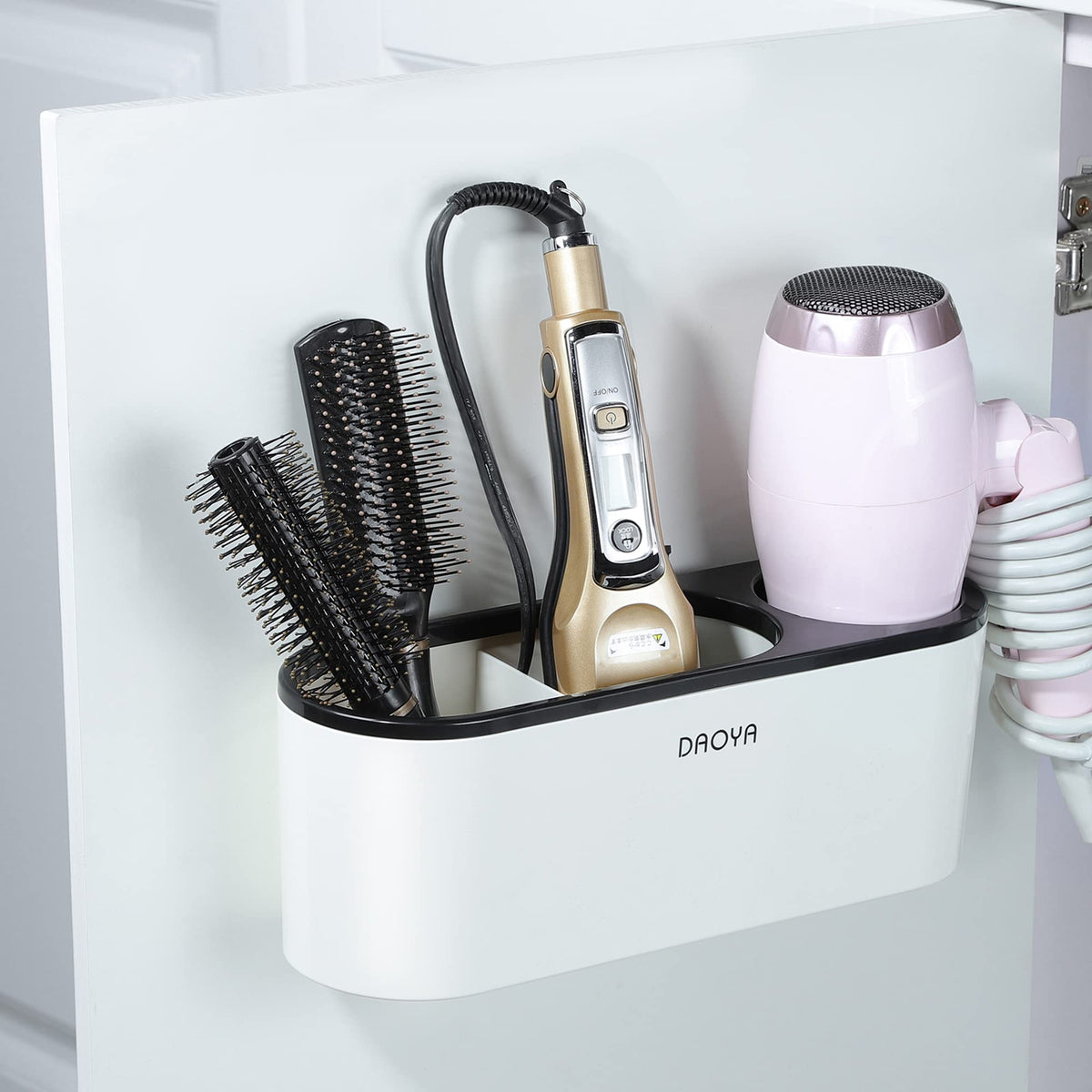 Daoya Hair Dryer Holder - White Tool Organizer Blow Cabinet Door, Bathroom Curling Iron For Straightener Styling Tools Storage