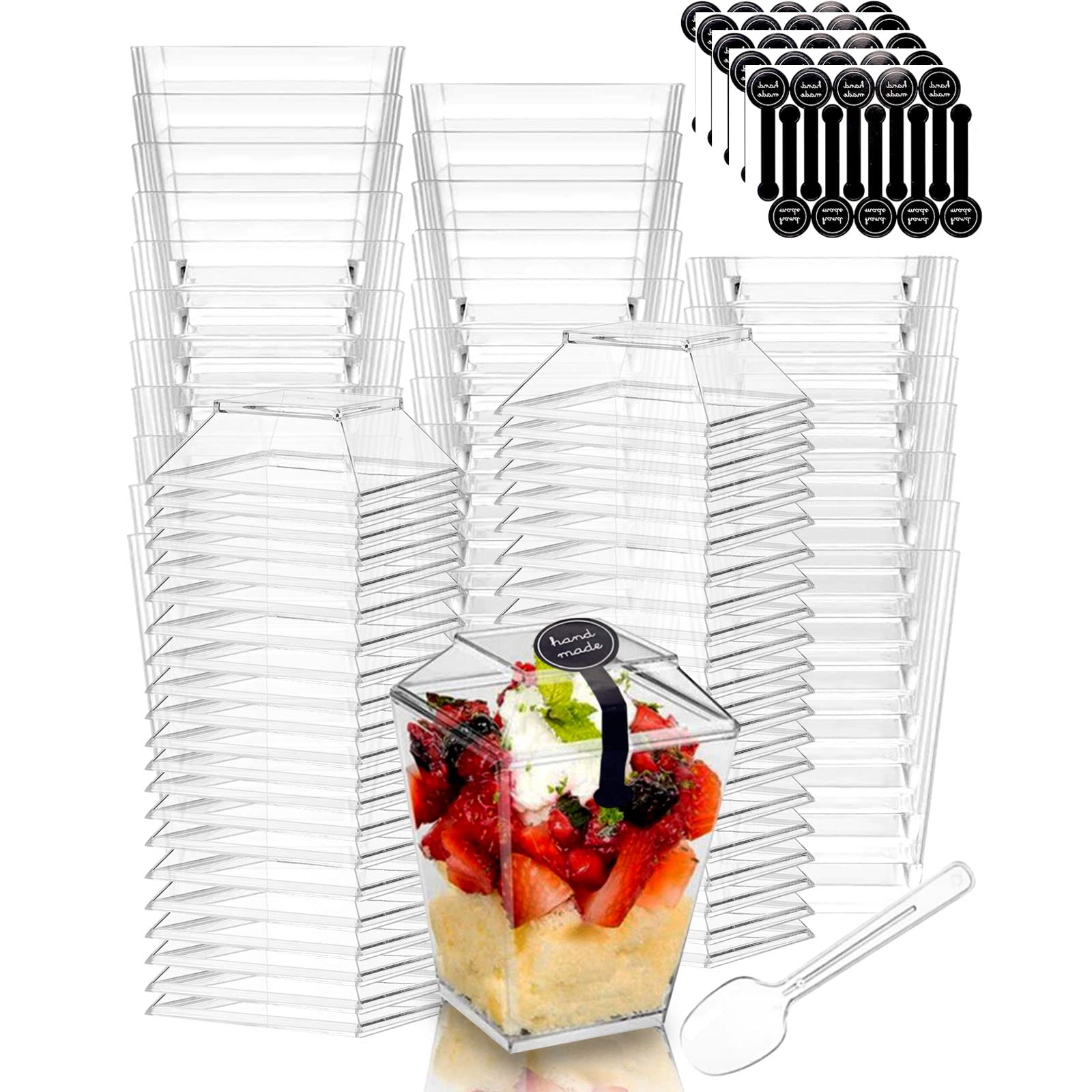 Merkaunis 100 Pack 5Oz Dessert Cups Clear Dessert Cups With Lids And Spoons Parfait Cups With Sealing Stickers Shooter Cups Appe