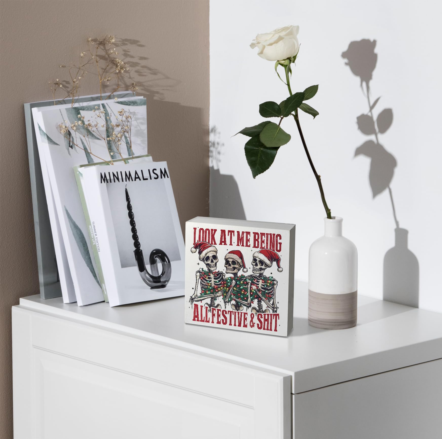 kunlisa Funny Christmas Skeleton Wooden Sign, Gothic Christmas Decor, Sarcastic Halloween Xmas Skeleton Holiday Wood Box Sign fo