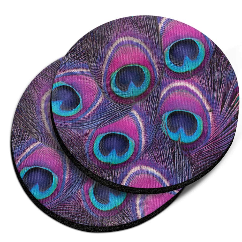 Caribou Coasters , Purple Peacock Feather Design Absorbent Round Fabric Felt Neoprene Car Coasters For Drinks, 2Pcs Set