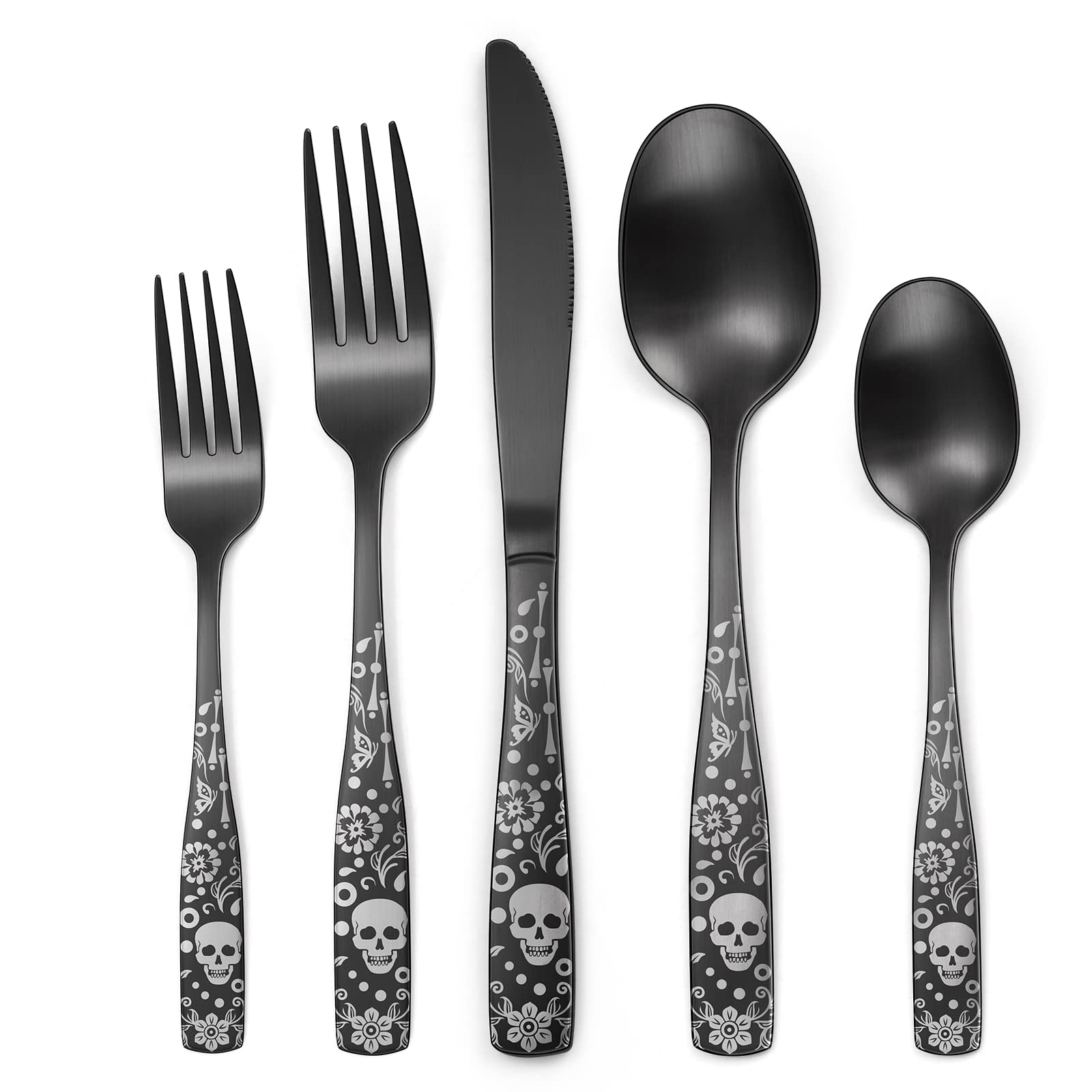 Skull Pattern Black Silverware Set For 8,Oiulo 40-Piece Stainless Steel Matte Flatware Set,Skeleton Flower Bat Unique Design,Sat