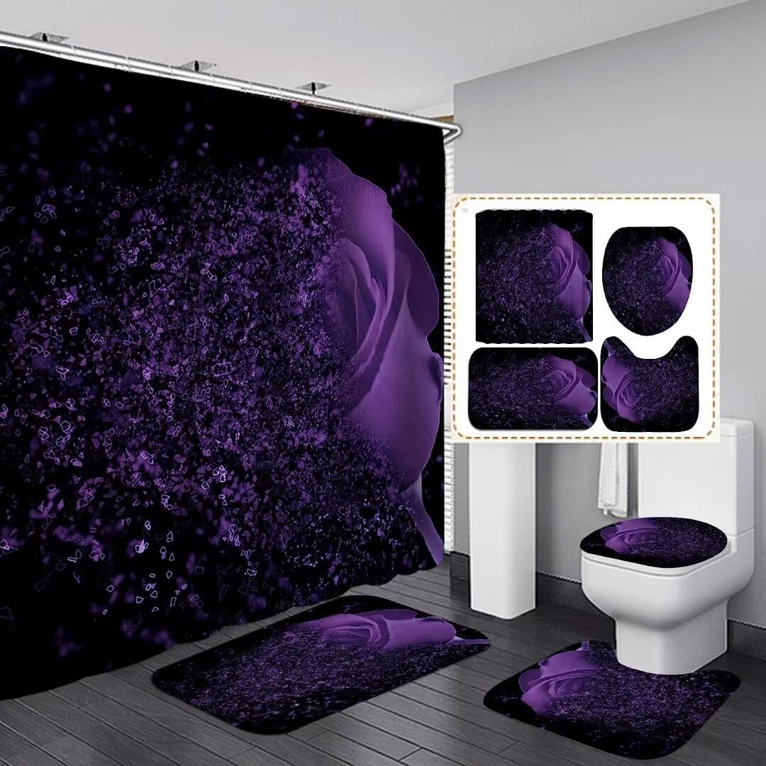 Yddsky Purple Rose 4 Pcs Shower Curtain Sets Non-Slip Rugs Bath Mat Toilet Cover U Shaped Mat Black Purple Shower Curtain With 1
