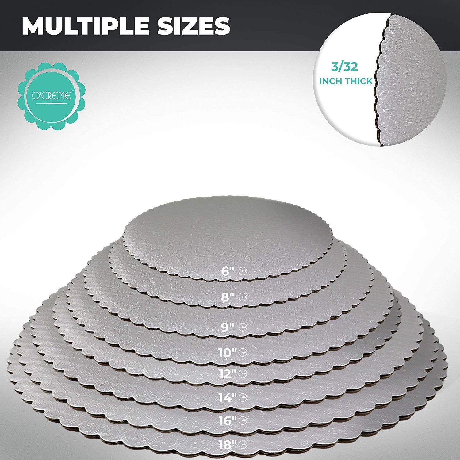 O'Creme Silver-Top Scalloped Round Cake And Pastry Board 3/32 Inch Thick, 6 Inch Diameter - Pack Of 10