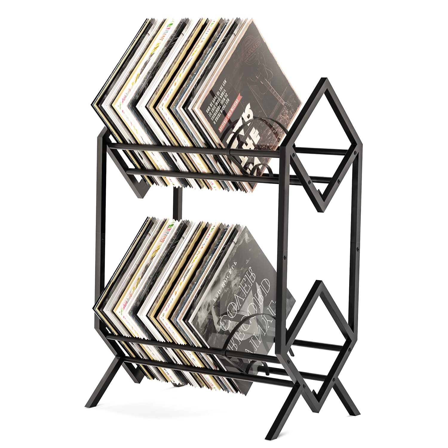 RUILALIFE 2-Tier-Vinyl-Record-Storage-Holder With Dividers, 200 LPs Albums Storage Rack Shelf, Steel Music Records Display Shelf