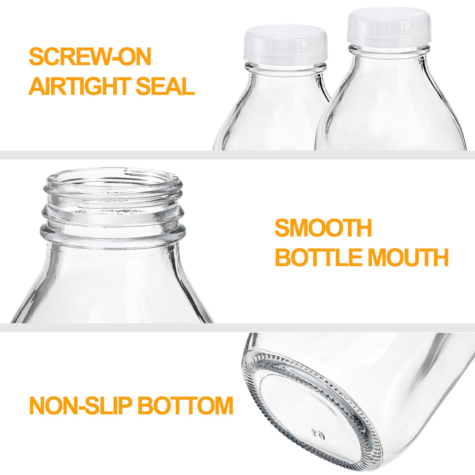 Bekith 6 Pack Liter Glass Milk Bottles with Airtight Screw Lid, 32 Oz Glass Juice Bottles, Reusable Glass Beverage Drinking Jar