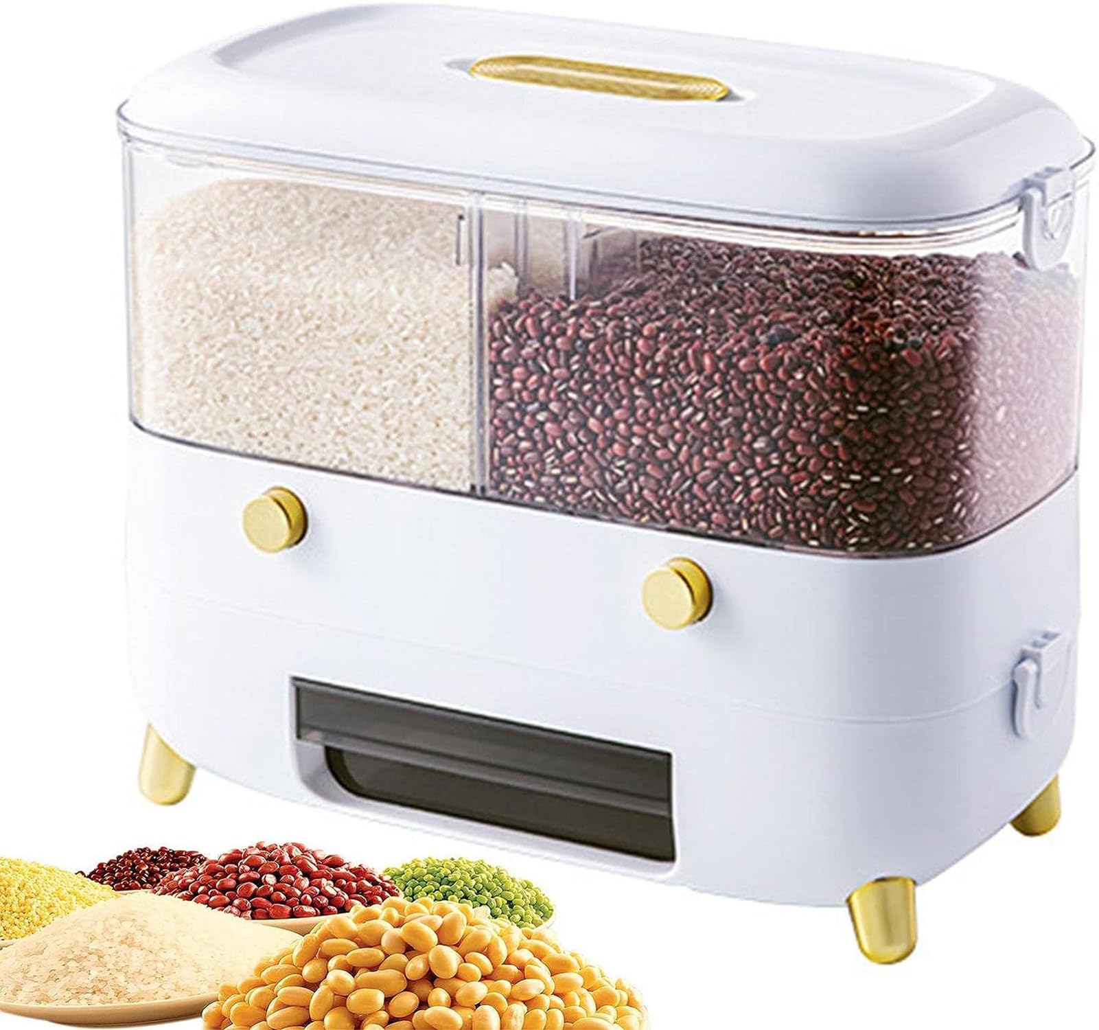 House Of Quirk 2Grid Rice Container, Cereal Food Dispenser, With Lid Moisture Resistant Household, Kitchen Grain Storage, For B
