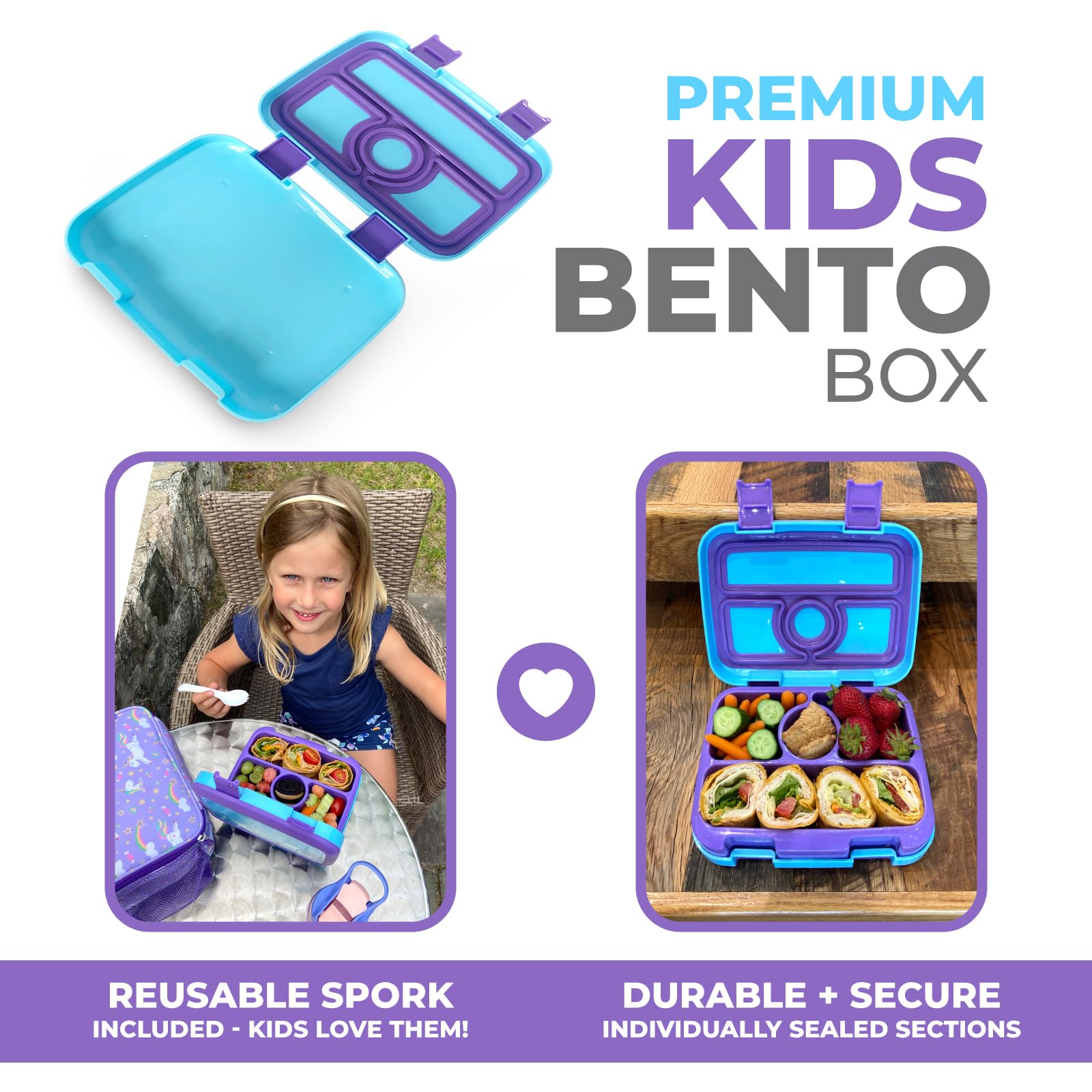 Kinsho Bento Lunch Box For Kids Toddlers, 4 Portion Sections Secure Lid, Microwave Safe Bpa Free Removable Tray, Pre-School Kid