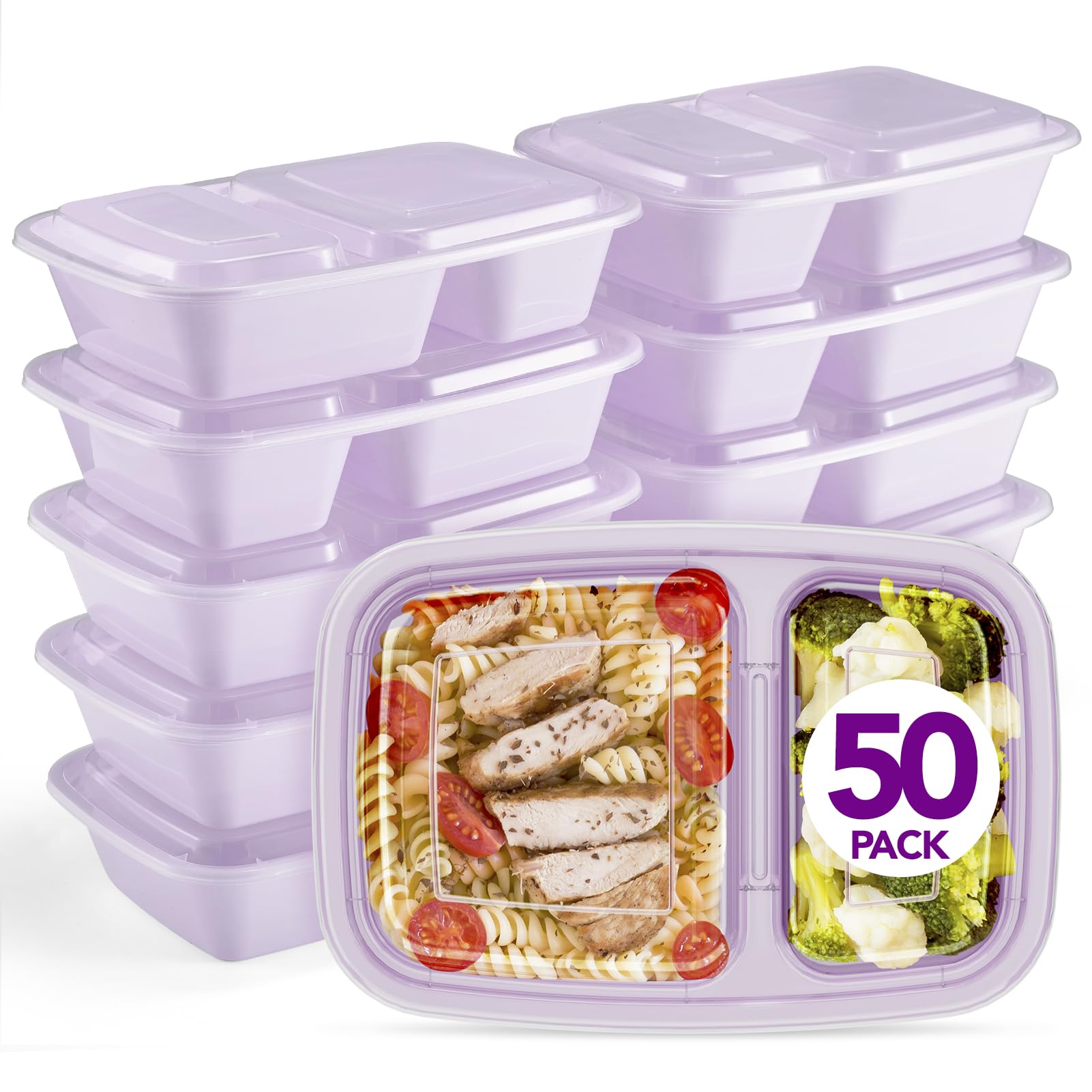 Glotoch 50 Pack Purple Meal Prep Containers Reusable 2 Compartments, Glotoch 32Oz To Go Containers For Food, Disposable Plastic