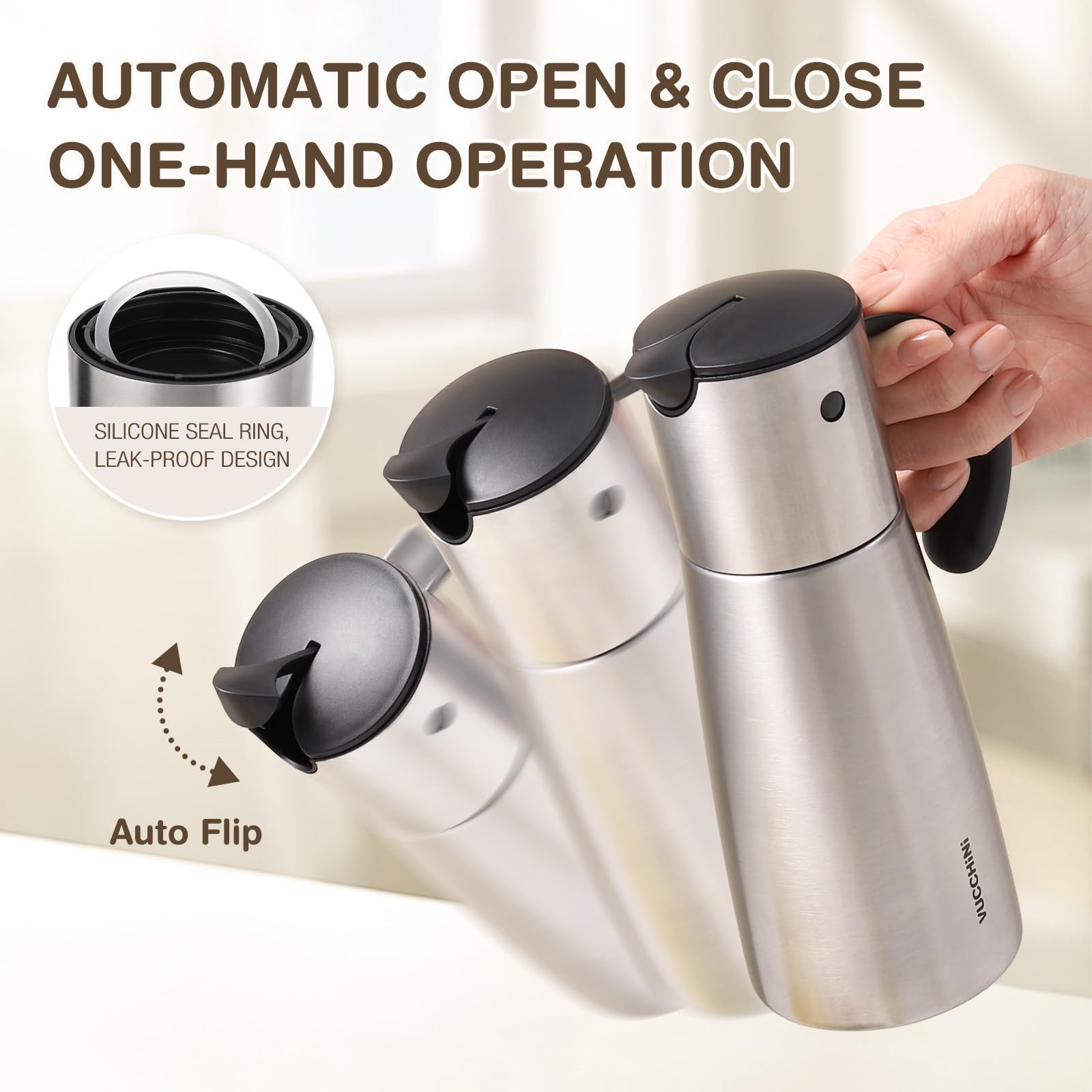 Vucchini Oil Dispenser Bottle Stainless Steel-Auto Flip Kitchen Oil And Vinegar Dispenser Set With Automatic Cap And Stopper - 1