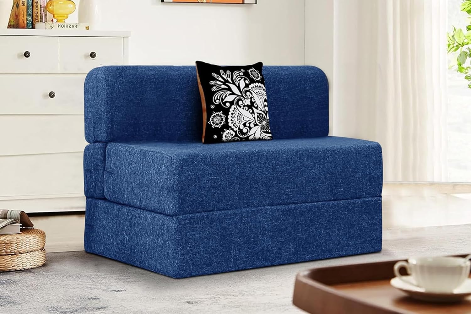 Rosebell 1 Seater Foldable Sofa Bed | Comfortable Jute With Removable Cover & Cushions | For Guests | Blue Color | 3X6 Ft