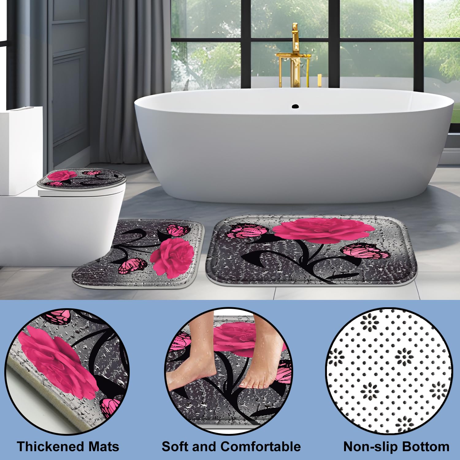 Poedist 4 Pcs Bathroom Set,Pink Rose Shower Curtain Sets, Romantic Shower Curtain Sets With Rugs(Bath Mat,U Shape And Toilet Lid