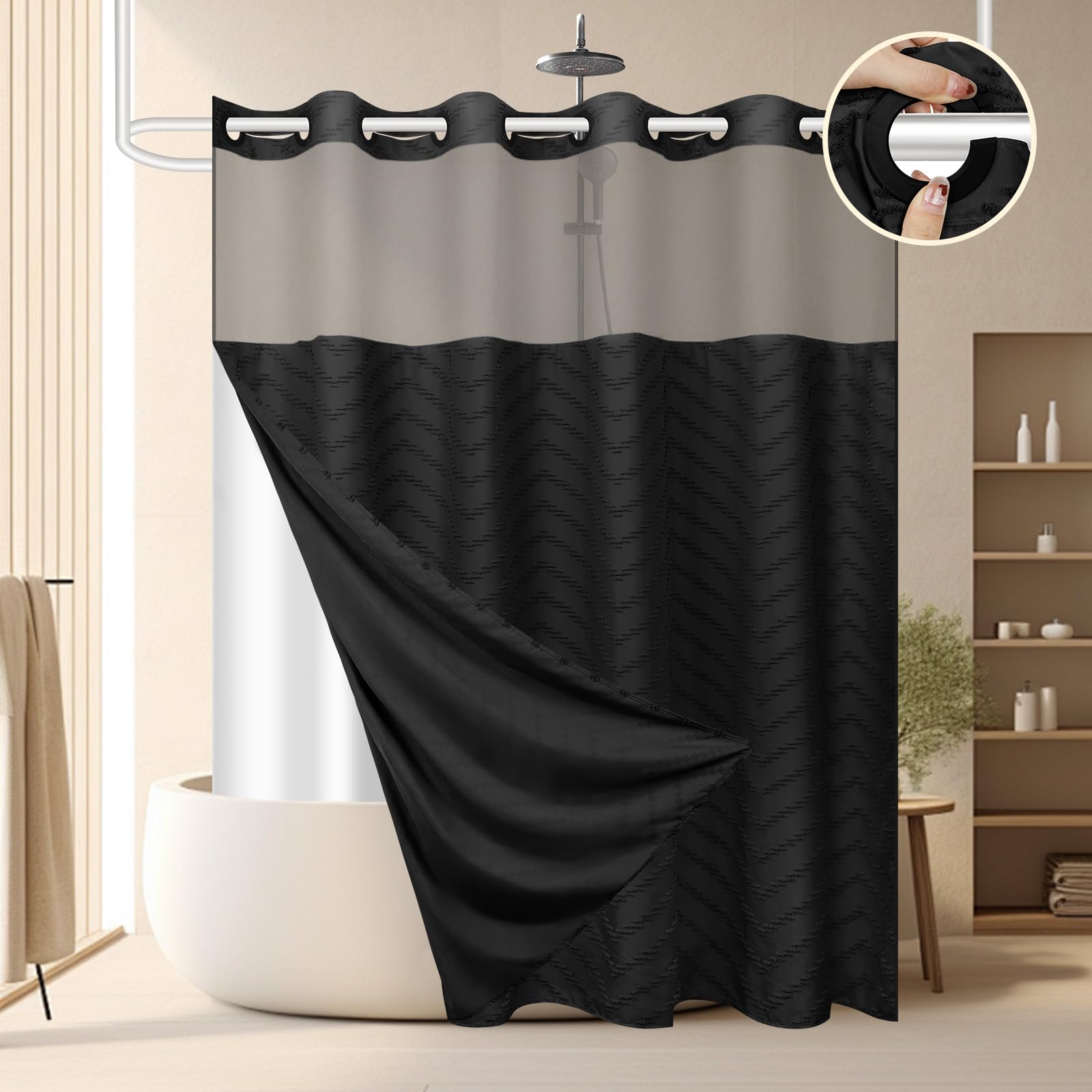 Fadoty No Hook Shower Curtain And Snap In Liner Set Black Tufted Chevron Striped Cloth Waterproof Washable Fabric Boho Farmhouse