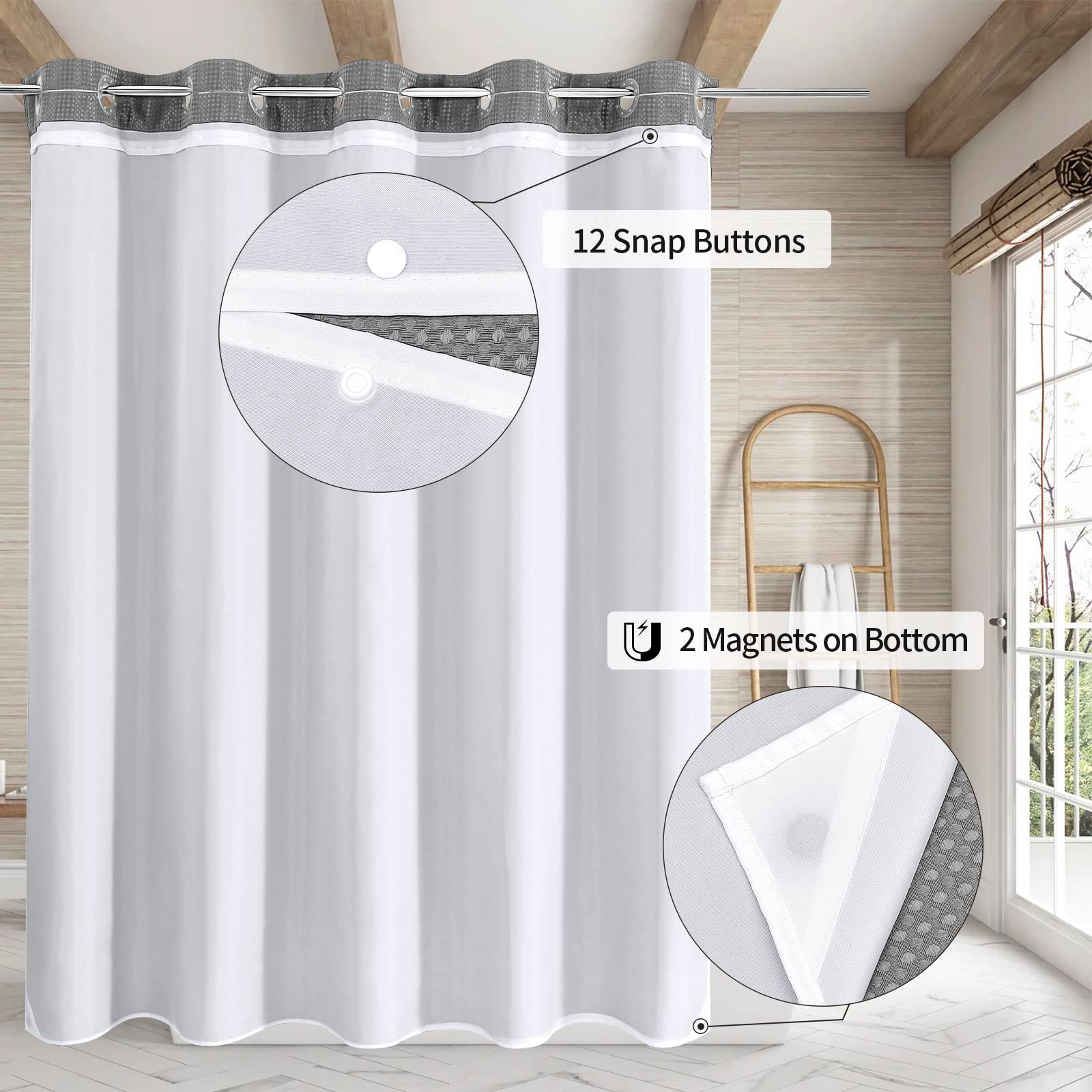 Mitovilla No Hooks Needed Grey Waffle Shower Curtain Set With Snap-In Liner, Modern Waffle Weave Heavy Duty Fabric Cloth Shower