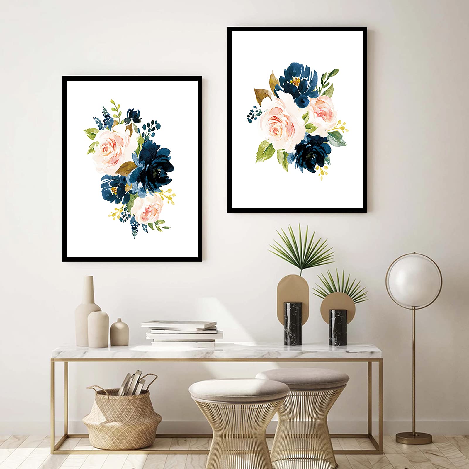 Plants Flower Prints Wall Art Watercolor Blue Flower Art Print Navy Blush Pink Floral Watercolor Flower Art Prints Boho Girls Nu