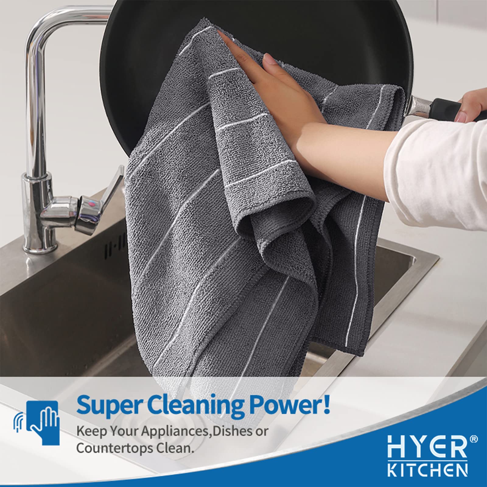 Hyer Kitchen Microfiber Kitchen Towels - Super Absorbent, Soft And Thick Dish Towels, 8 Pack (Stripe Designed Grey Colors), 26 X