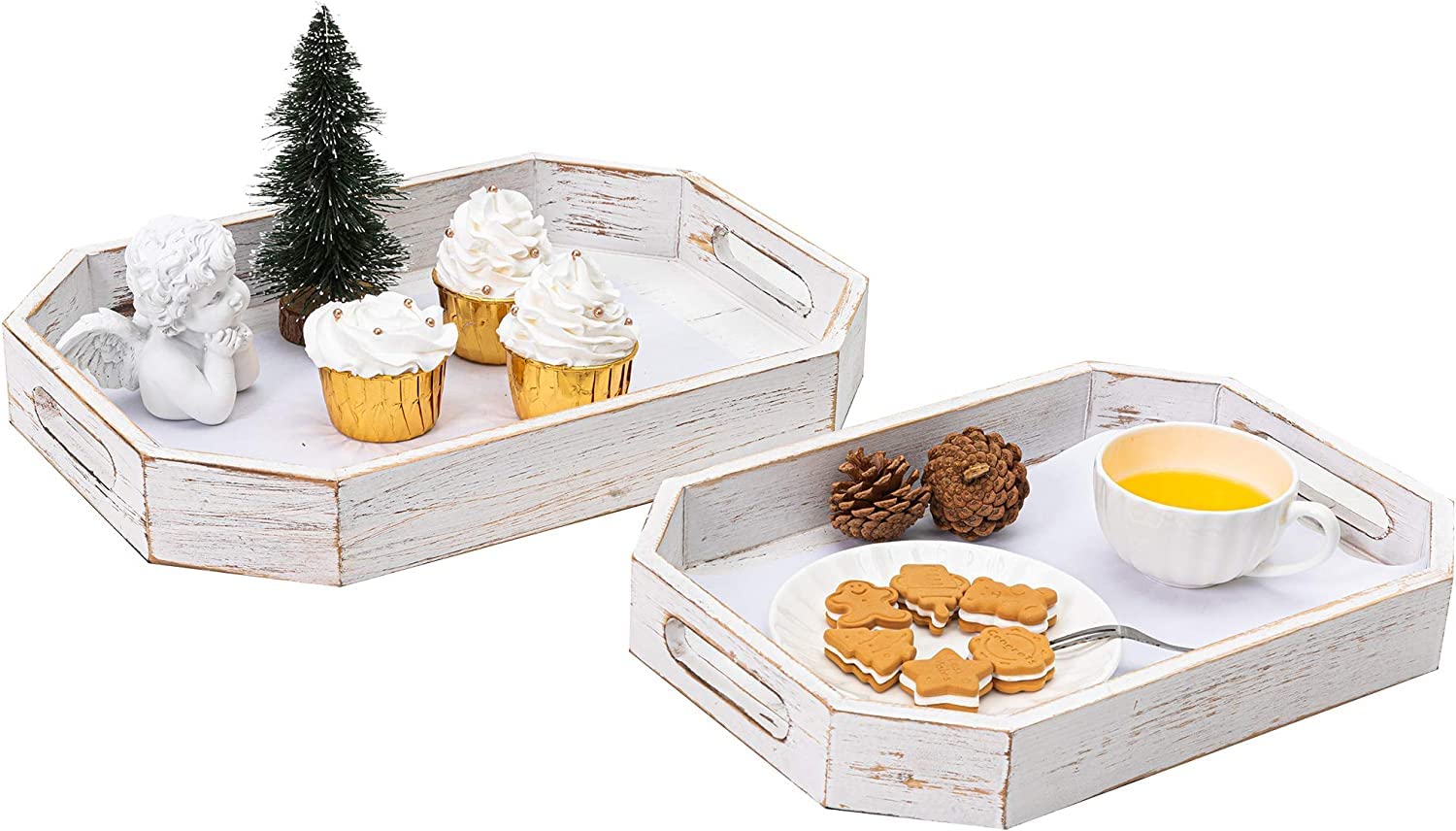 White Lift Whitewash Wooden Serving Trays For Coffee Table Ottoman Living Room Set Of 2 Tea & Food Storage Platters For Serving 