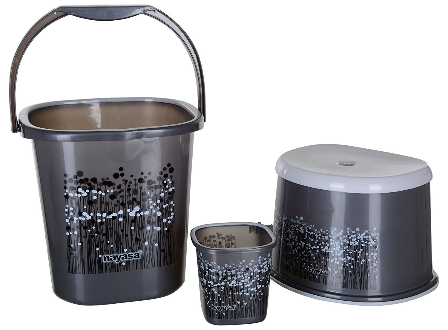 Nayasa Funk Square 3 Pcs Bathroom Set(Bucket 25L+Mug 1.5L+Stool) Black, Plastic