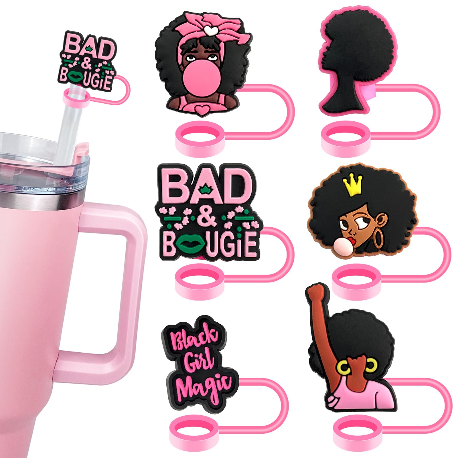 6Pcs Pink Black Girl Straw Covers Cap For Stanley Cup
