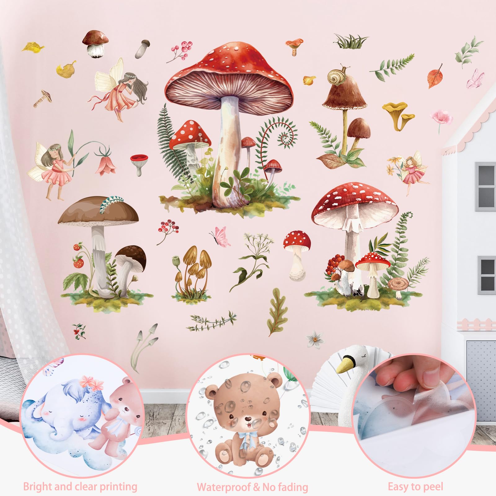 Wxiben Fairy Wall Stickers Decor - Mushroom Wall Decals Flower Wall Sticker Removable Floral Wall Murals Peel And Stick For Girl