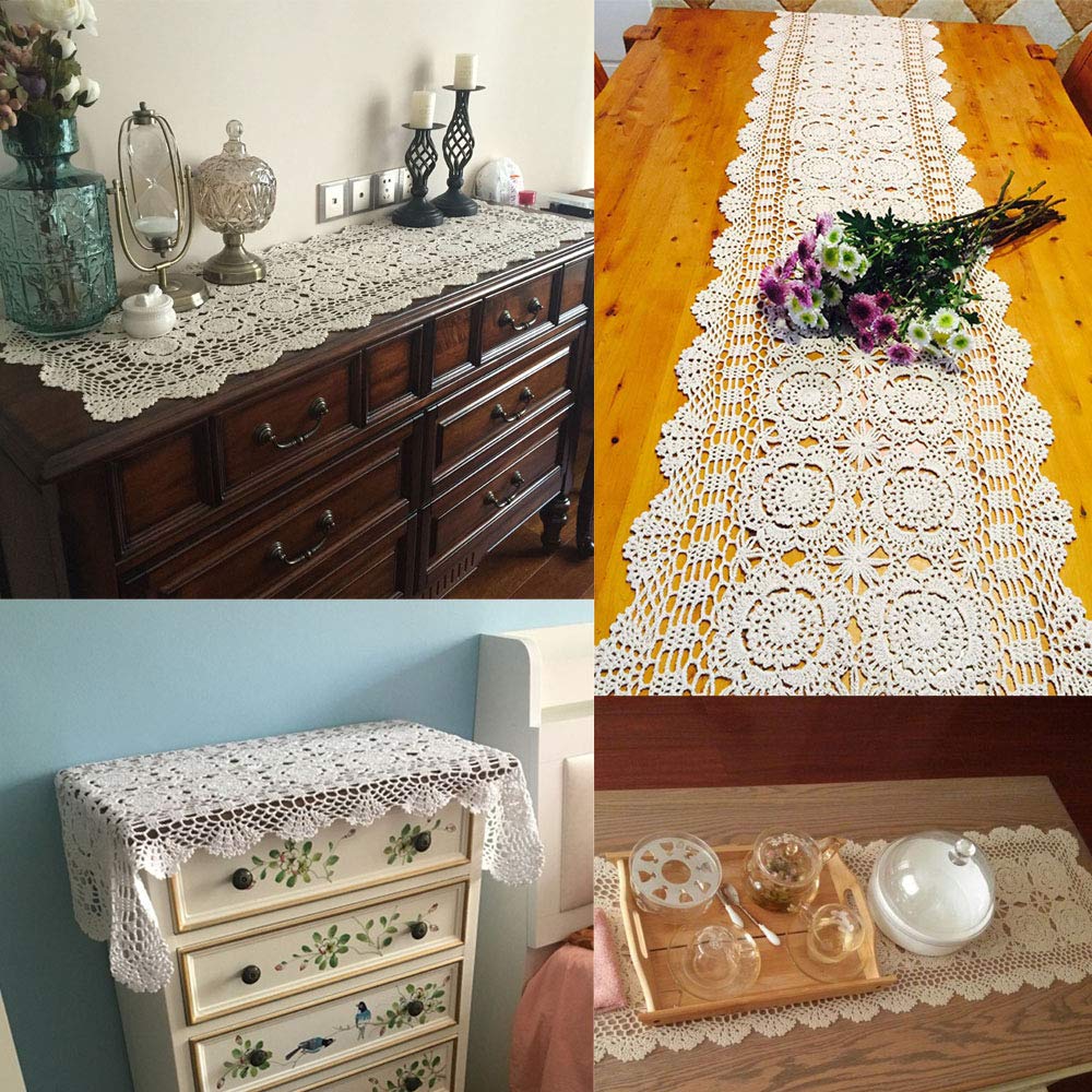 Kepswet Cotton Handmade Crochet Lace Table Runner White Rectangle Coffee Table Dresser Decor (14X48 Inch)