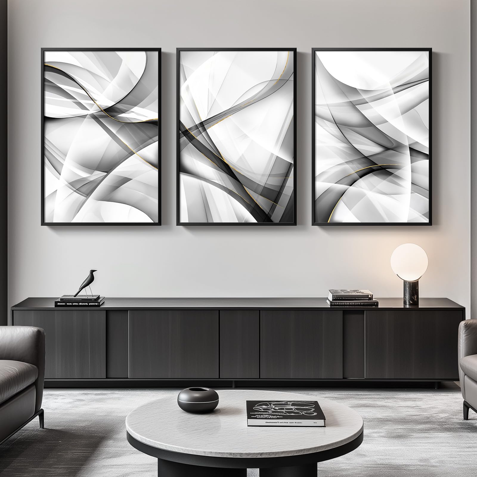 Large Framed Black And White Gold Abstract Lines Wall Art For Living Room, Set Of 3 Piece Canvas Paintings Artwork For Walls, Mo