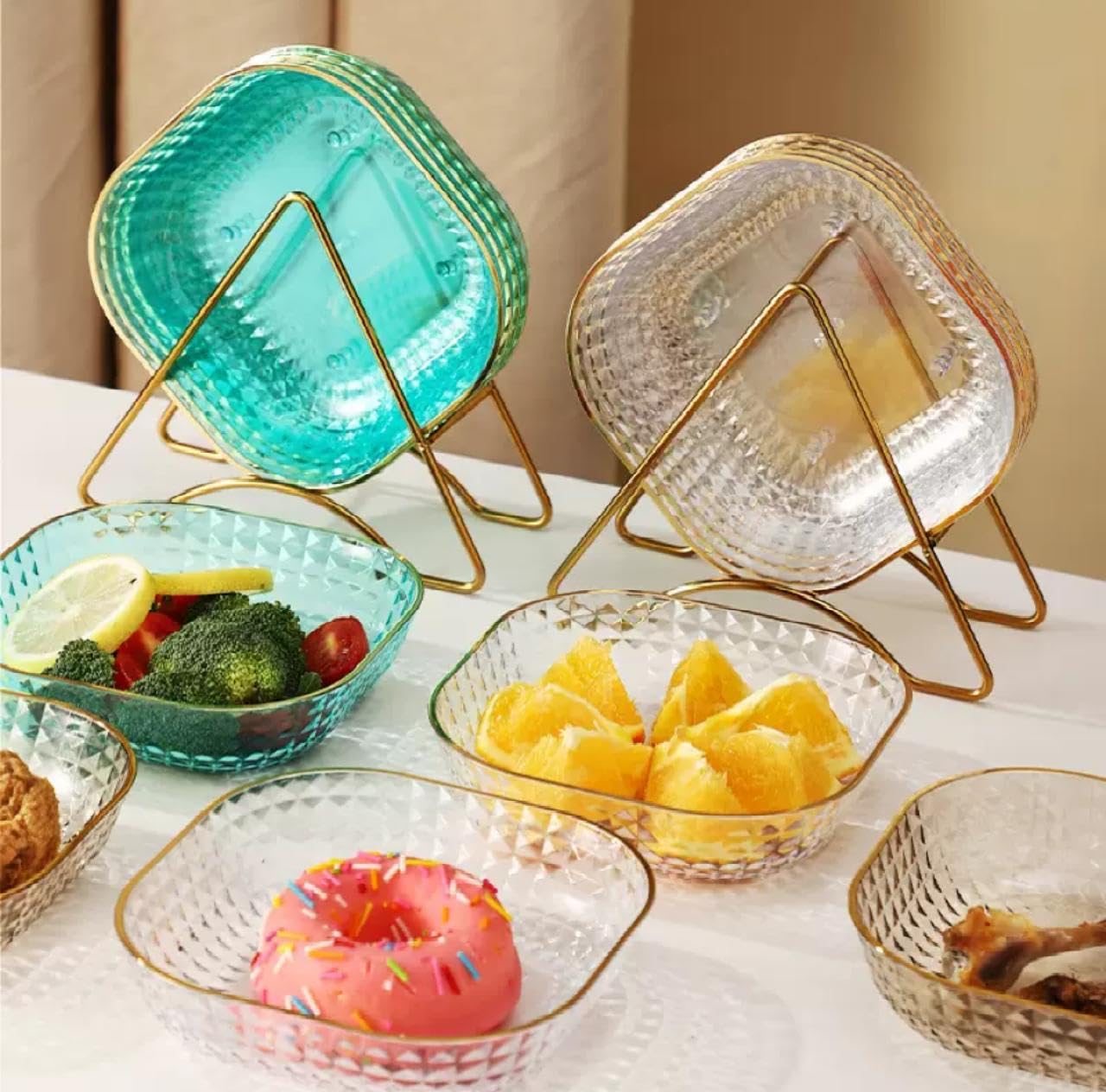 Dcella Stainless Steel Clear Glass Plates With Rack Stand Plate Organizer For Kitchen Dishes (Multicolor Pack Of 6 And 1 Stand)