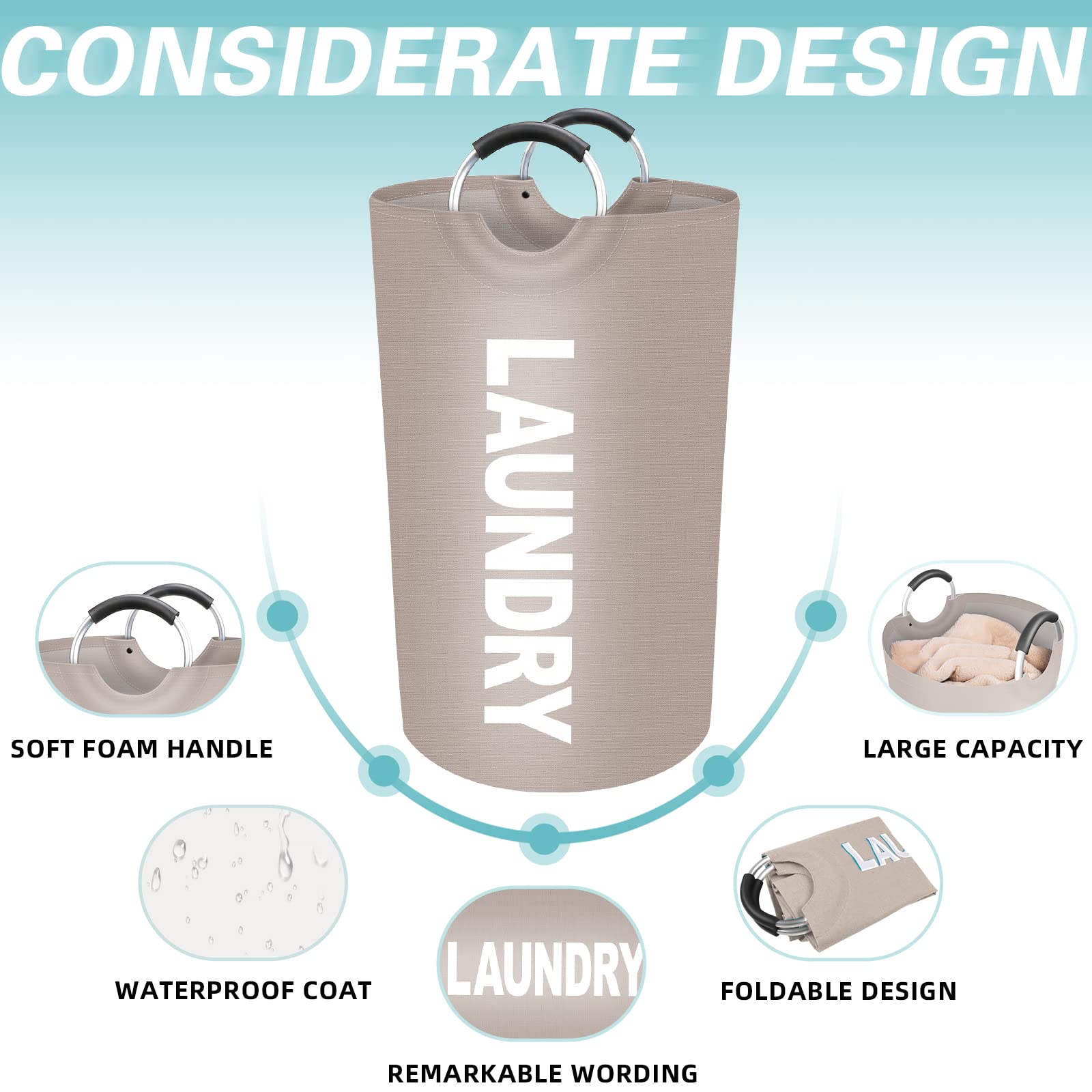 StorageRight 90L Large Laundry Basket  Laundry Hamper  Dirty Clothes Hamper for Laundry  Collapsible  Waterproof Laundry Baskets with Foam Protected Aluminum Handles for Laundry  Dorm  Family (Khaki)
