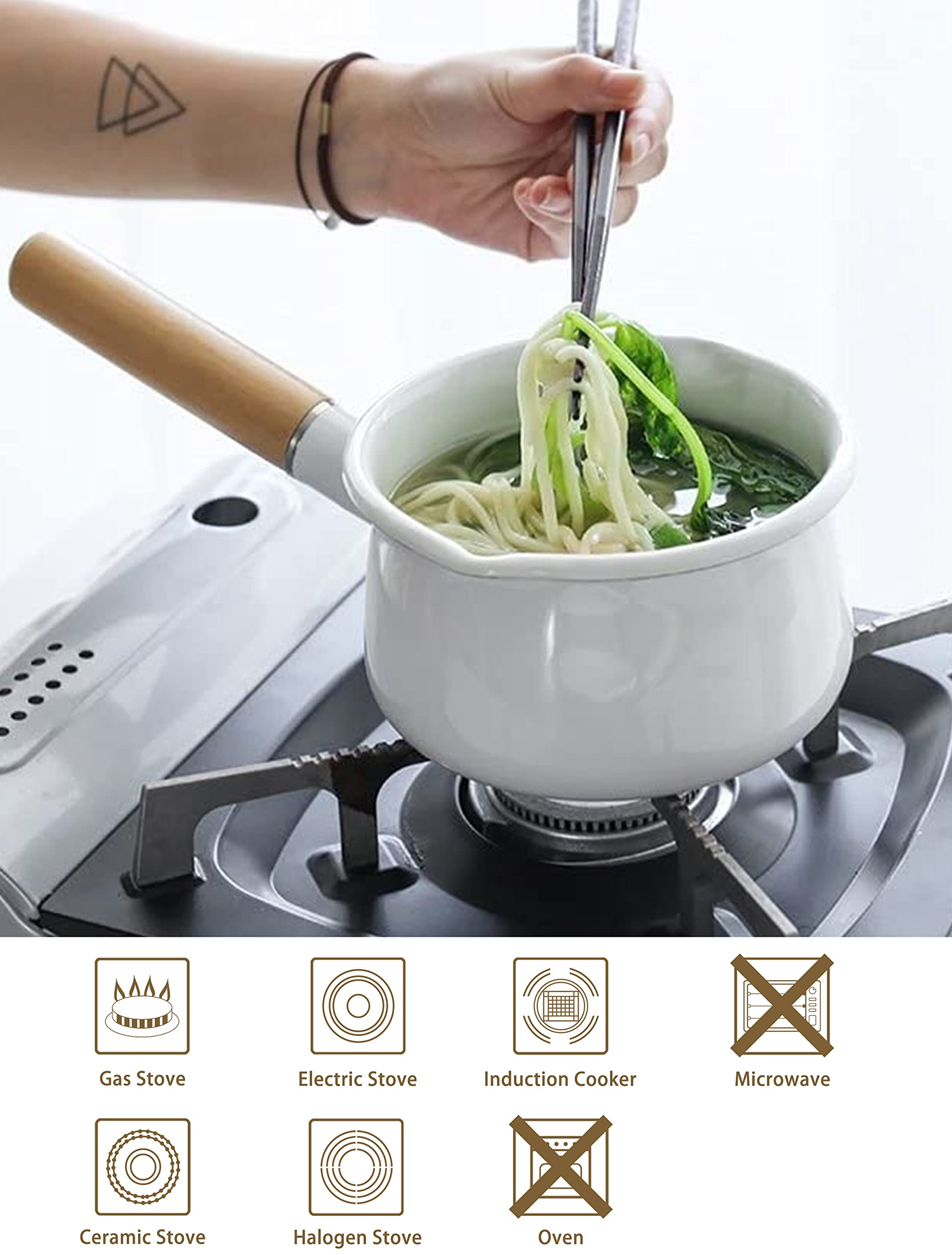 Yumcute Home Enamel Milk Pan With Dual Pour Spout Butter Warmer Milk Pot For Stove Top Healthy White Enameled Inside Coating Iro