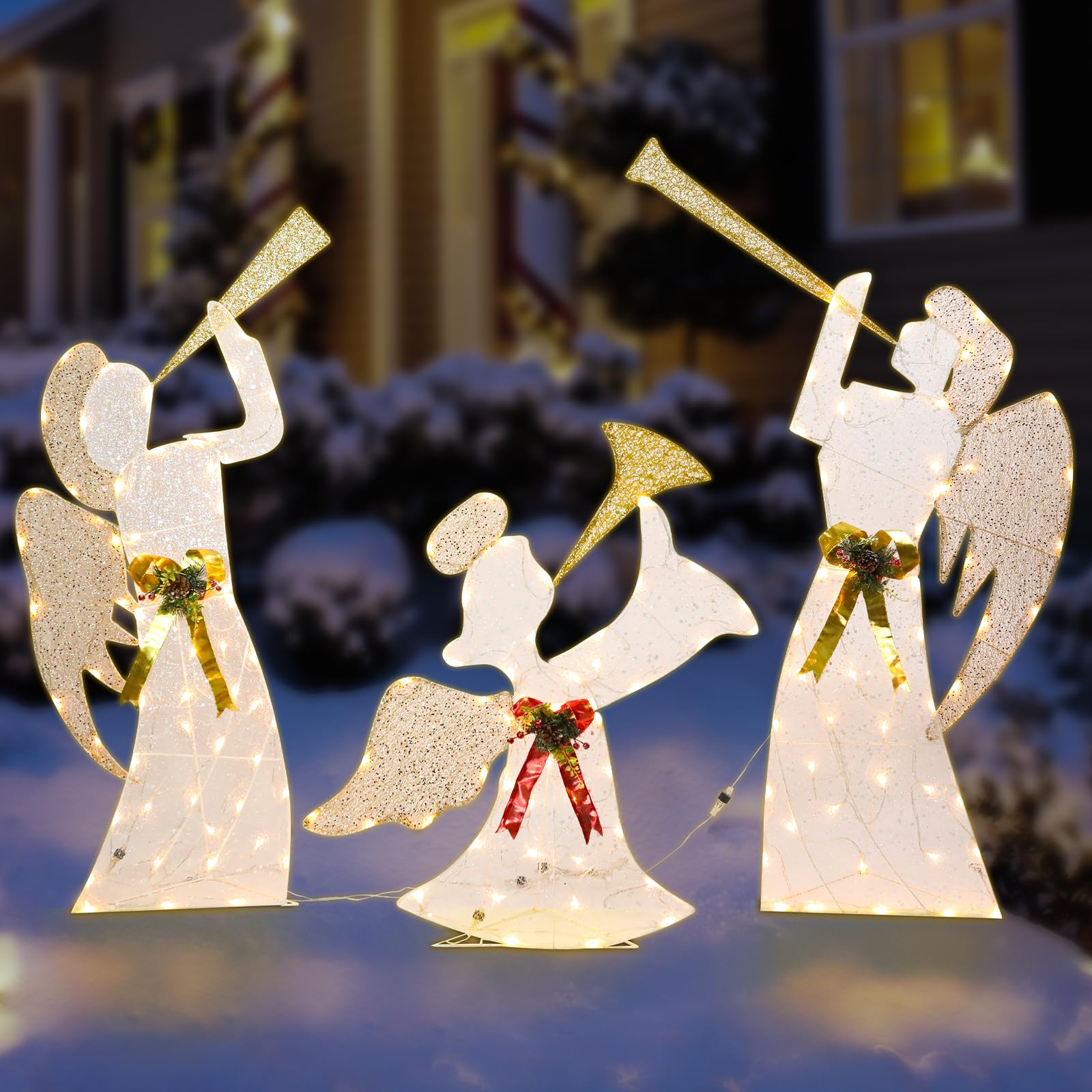 Outdoor Christmas Angel Decoration Christmas Lighted 3 Angels Playing Trumpet with Holly Berries Decoration for Xmas Home Pathwa
