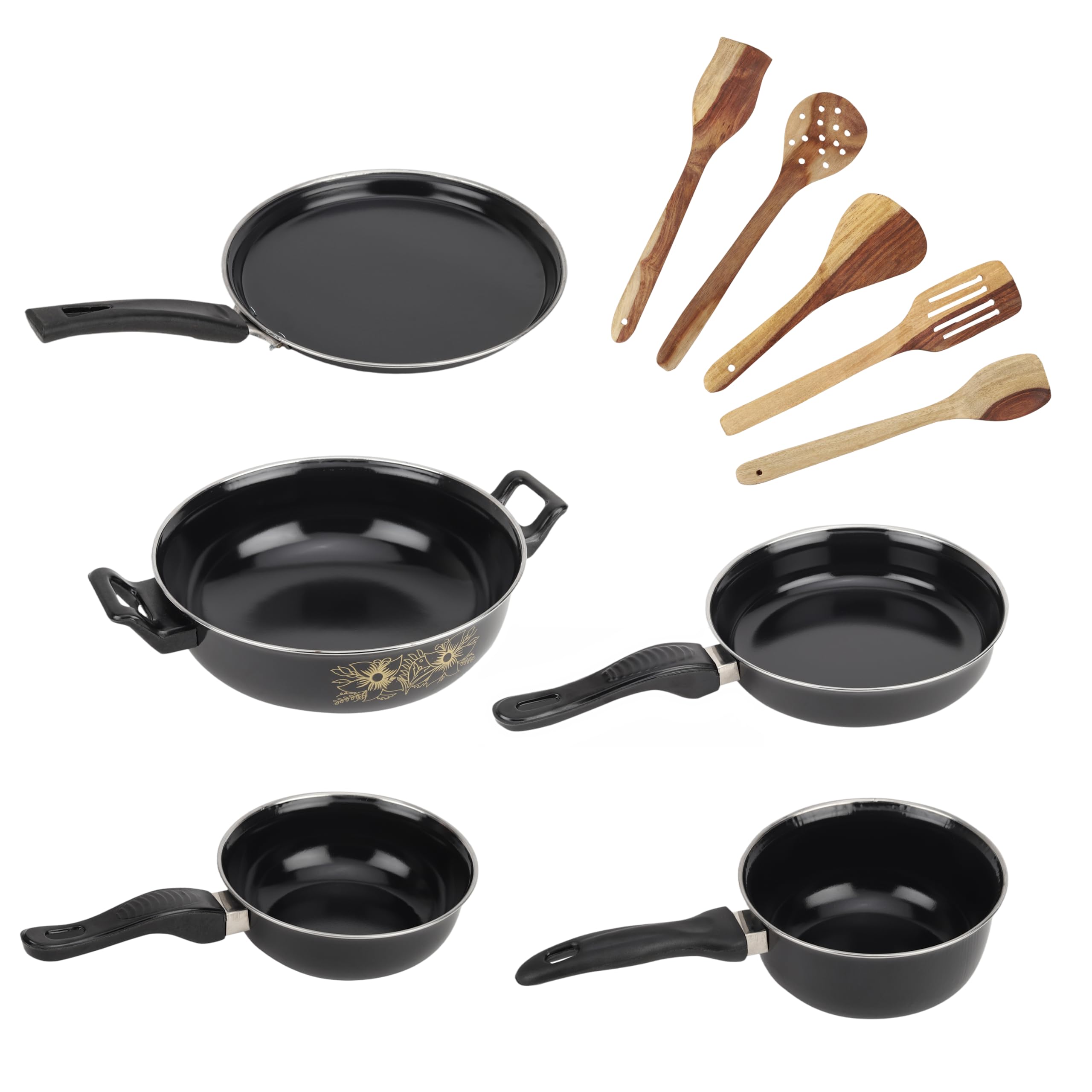 My Store Seasoned 10Piece NonStick Iron Cookware Set  Tawa | Kadhai | Fry Pan | Sauce Pan | Tadka Pan With Wooden Spatulas  
