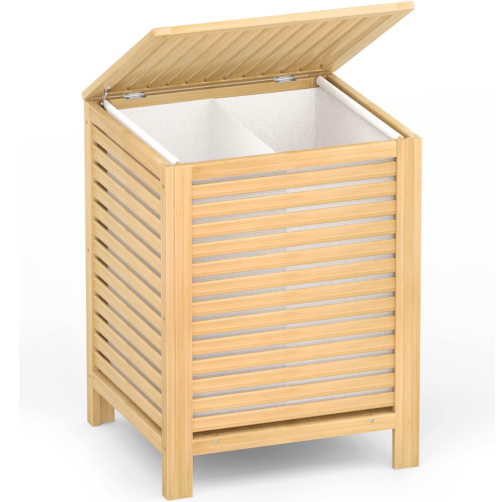 Homykic Bamboo Laundry Hamper  2-Section 120L Laundry Hamper with Lid and Removable Liner Bag  Large Raised Laundry Basket Sorter?for Clothes  Bathroom  Bedroom  Easy to Assemble  Natural