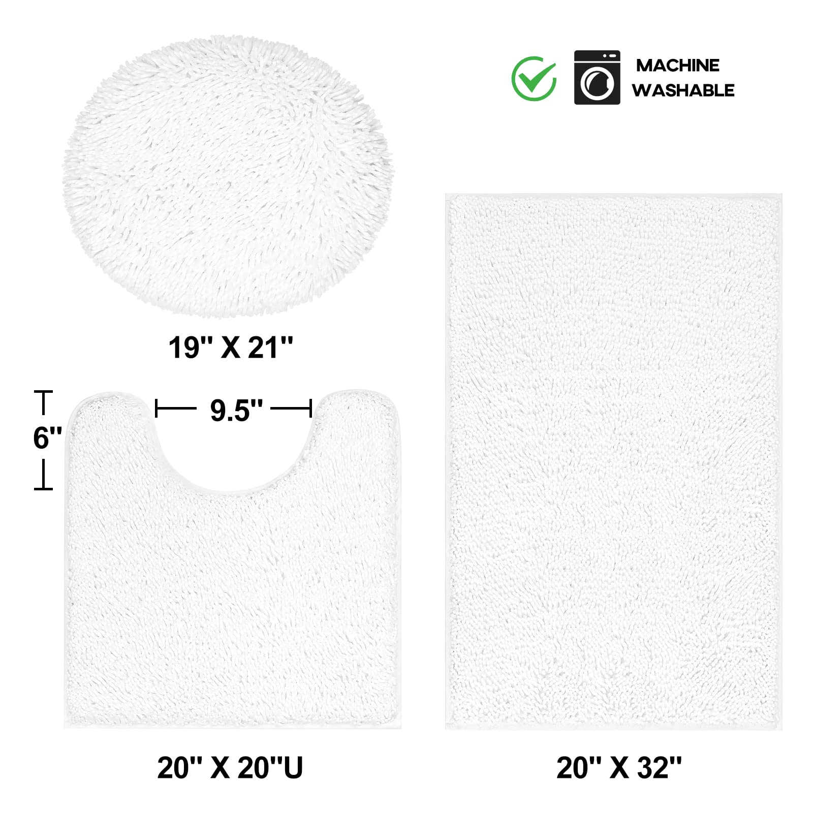 TREETONE Chenille Bath Mat 3 Piece Bathroom Rugs Set  20x20 Inchs U-Shape Contoured Toilet Mat & 20x32 Inchs Rug & 1 Lid Cover Soft Water Absorbent Plush Rugs for Tub Shower & Bath Room -White