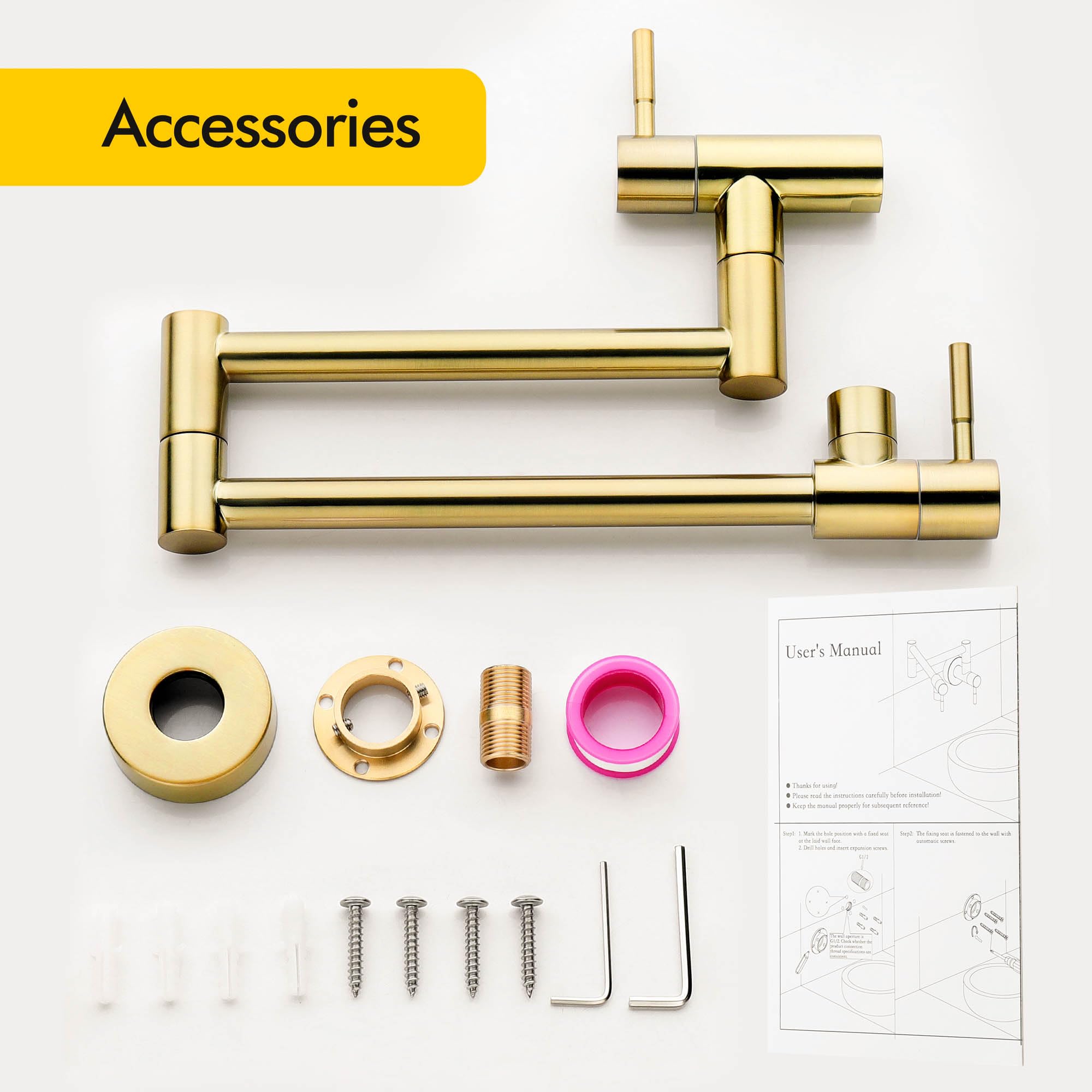 Fransiton Brushed Gold Pot Filler, Pot Filler Faucet Wall Mount, Brass Folding Stretchable With Double Joint Swing Arm Single Ho