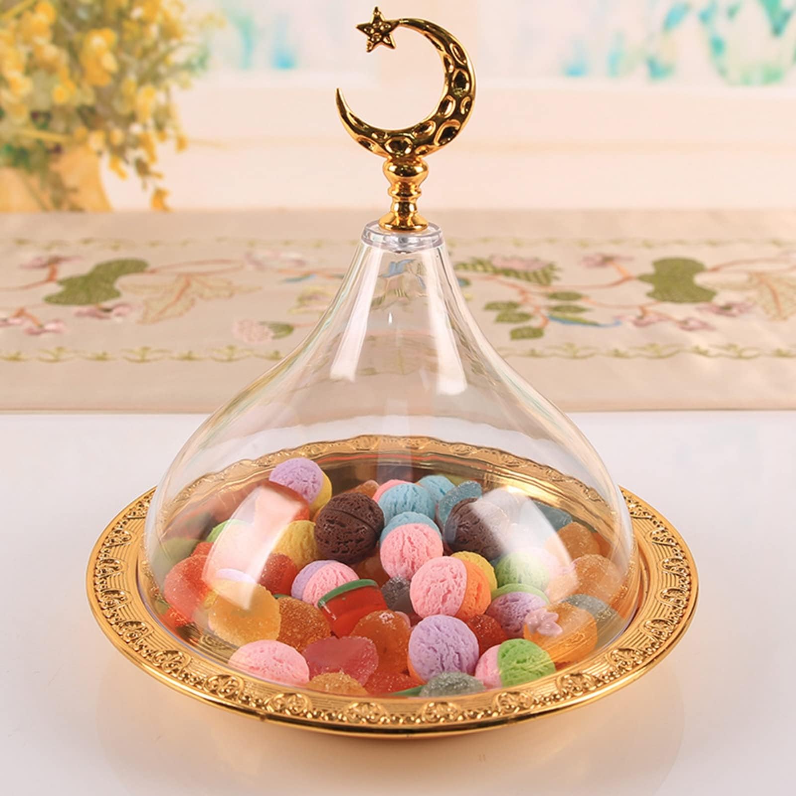 Snack Serving Tray, Metal Ramadan Tray With Clear Dome Lid Mini Cake Candy Tray Reusable Dessert Tray Round Food Storage Organiz