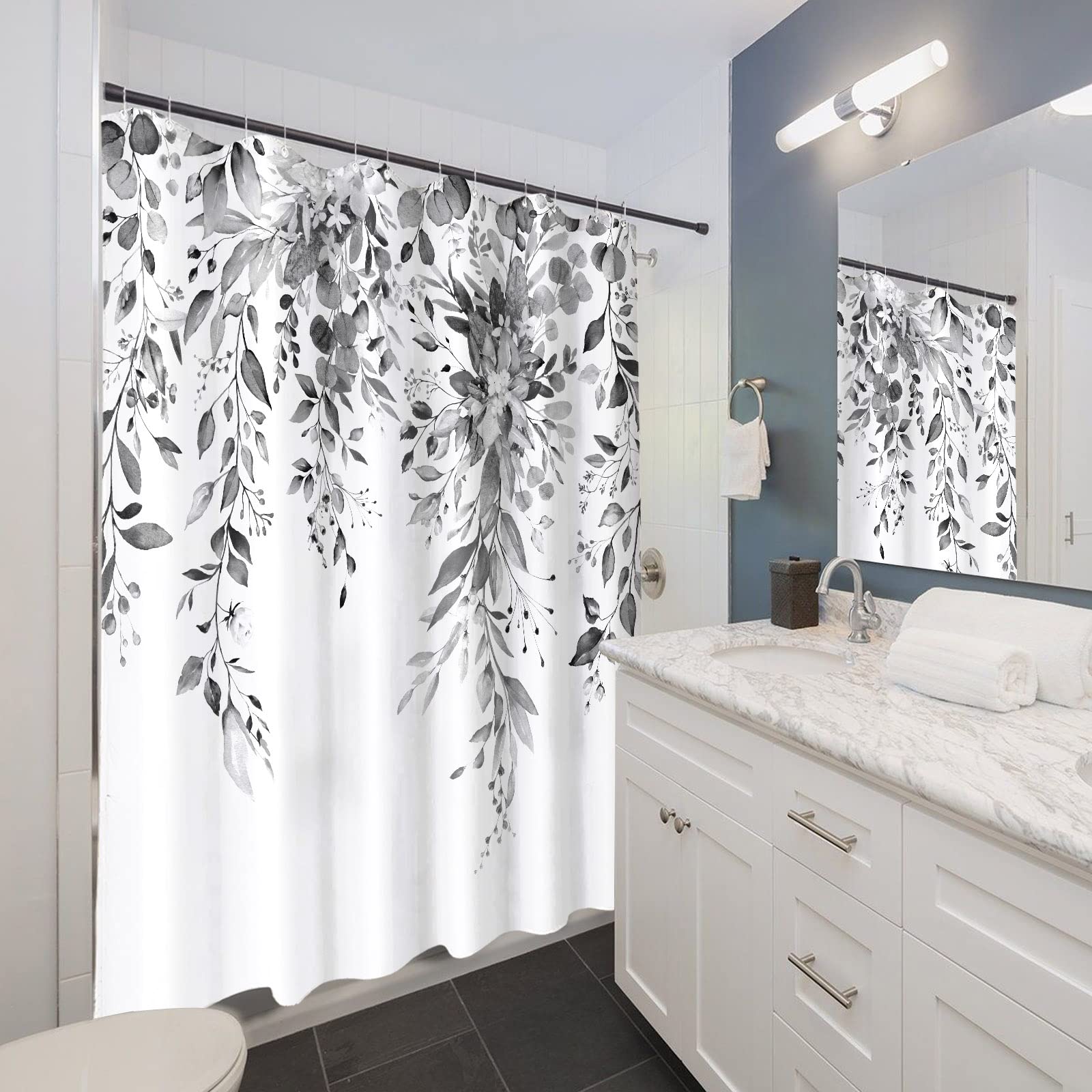 Zussun Gray and White Eucalyptus Shower Curtain Watercolor Grey Floral Plant Leaf Shower Curtains for Bathroom Botanical Flower Waterproof Fabric Bath Curtain Decor with Hooks (Black  72'' x 72'')